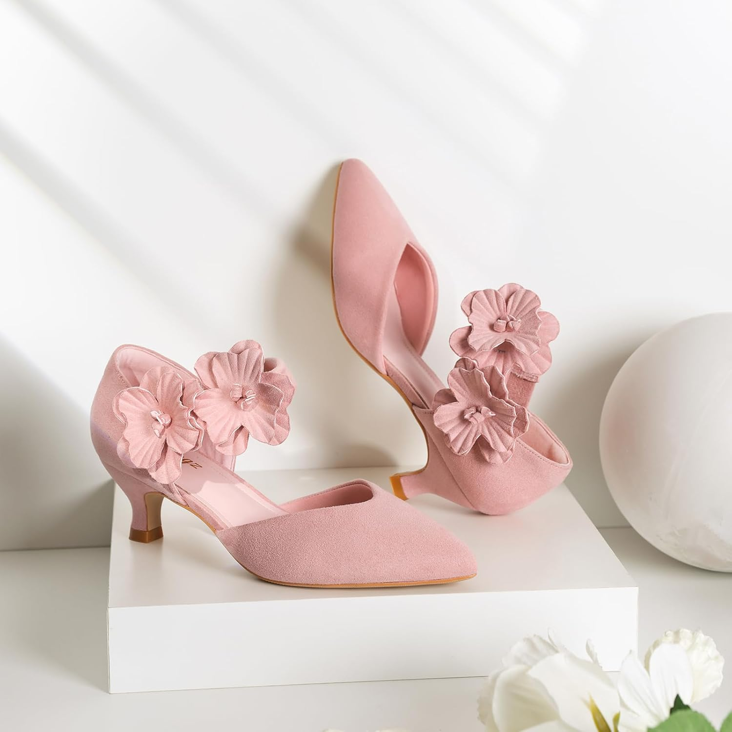 RIBONGZ Women'S Low Kitten Heel Pumps Comfortable Pointed Toe Dress Shoes Flower Strap Slip on Dressy Heels for Wedding Dancing Party Office Work image number 7