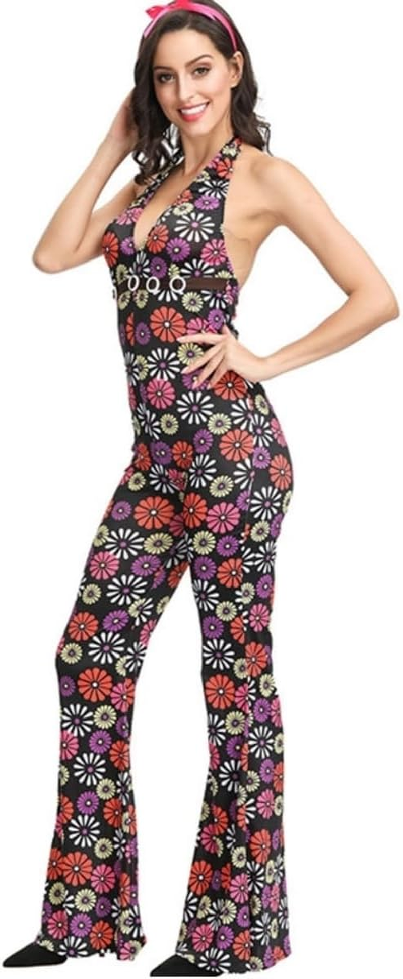 Costume Bay Women'S 60S 70S Vintage Groovy Shimmy Hippie Dress with Headband Costume Flared Pants Halloween Disco Outfit Fancy Dress Cosplay Carnival Party (Retro Jumpsuit, M) image number 2