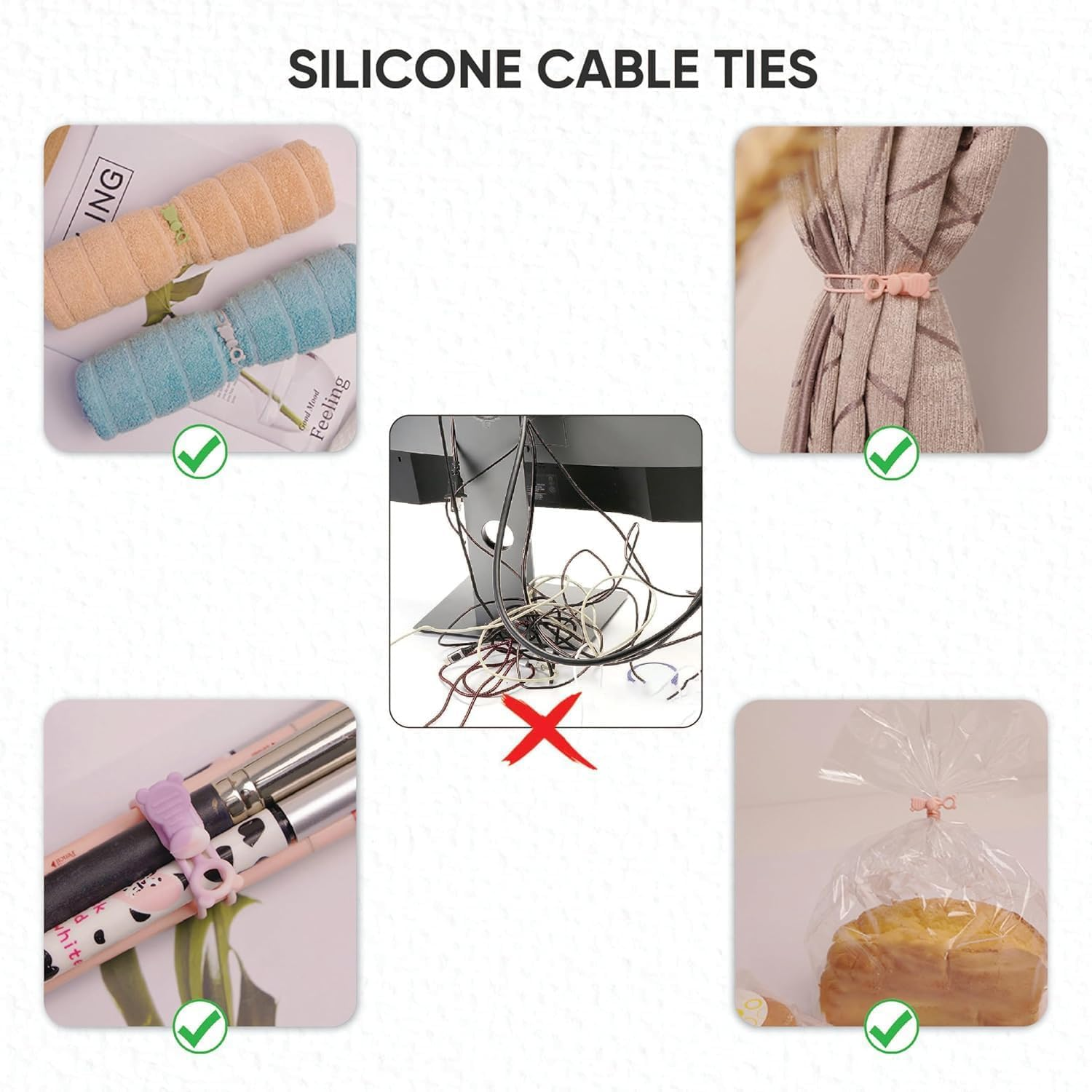 Silicone Cable Ties Straps Wire Organiser Reusable Fastening Cable Ties Cord Pack of 10 image number 5