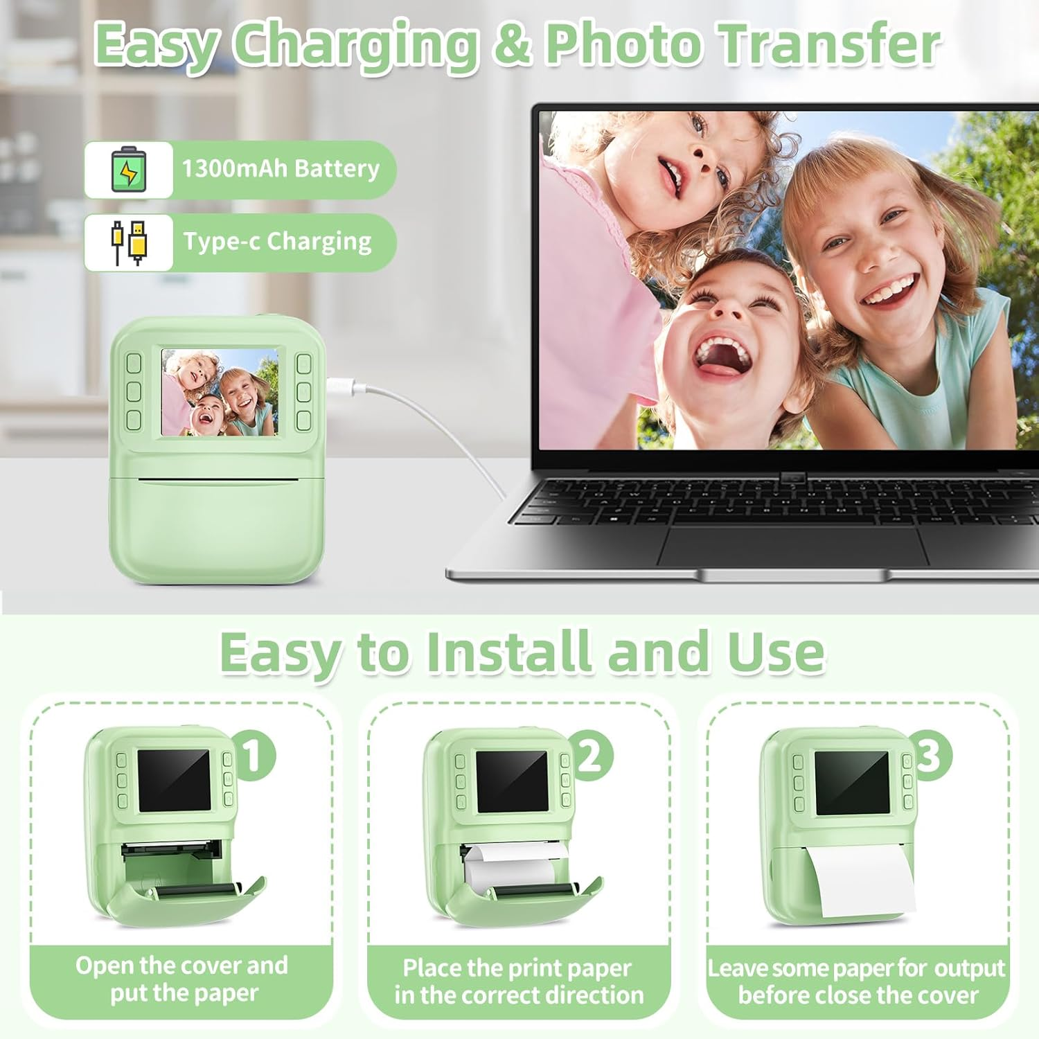 MINIBEAR Kids Camera Instant Print, Instant Print Camera for Kids Digital Camera Toddler Toys Christmas Birthday Gifts for 3 4 5 6 7 8 9 10 Year Old Boys Girls Video Camera with Print Paper