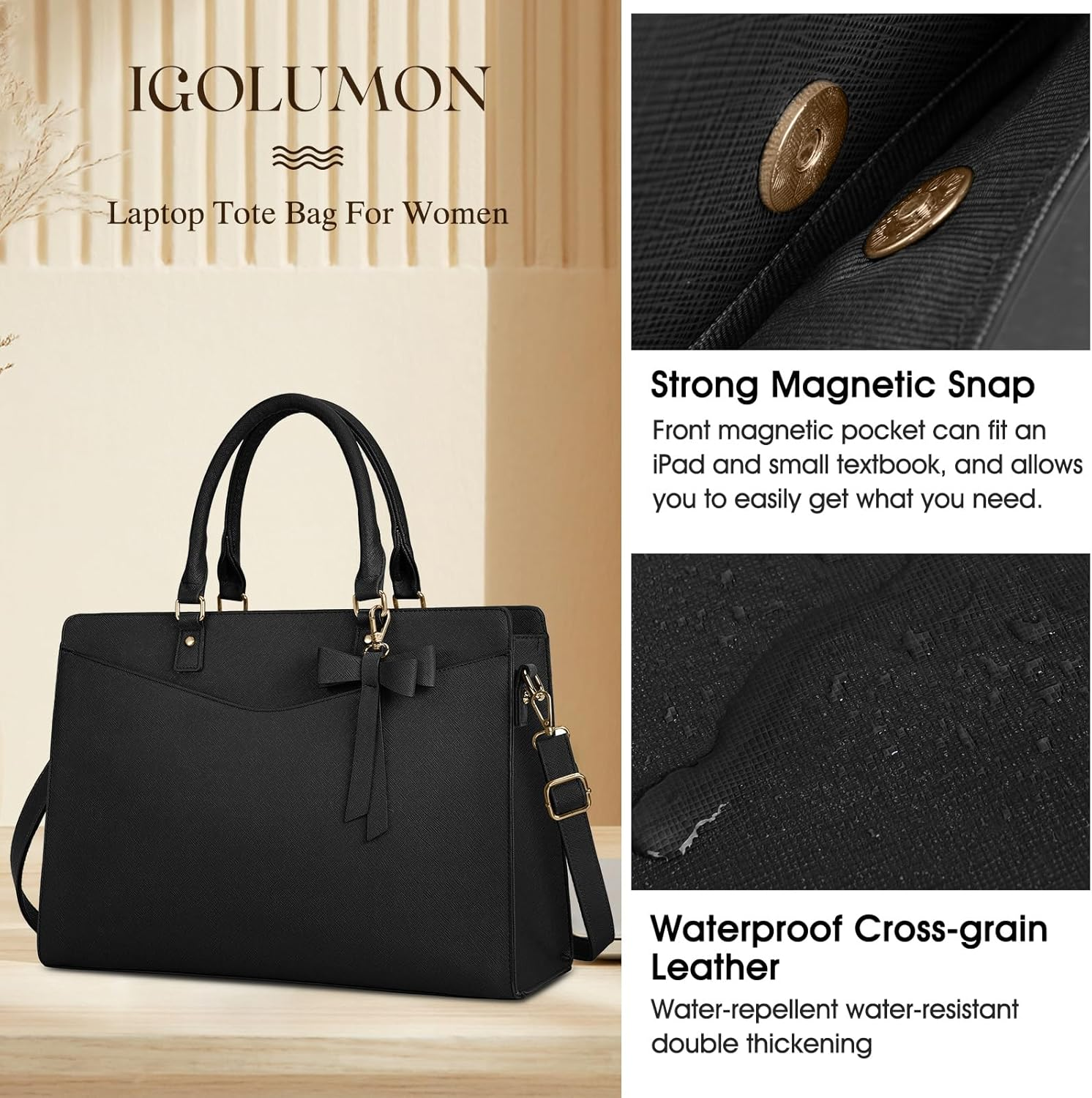 IGOLUMON Laptop Bag for Women 15.6 Inch PU Tote Bag Business Office Work Bag Waterproof Briefcase Computer Tote Lightweight Handbag Shoulder, Black image number 1