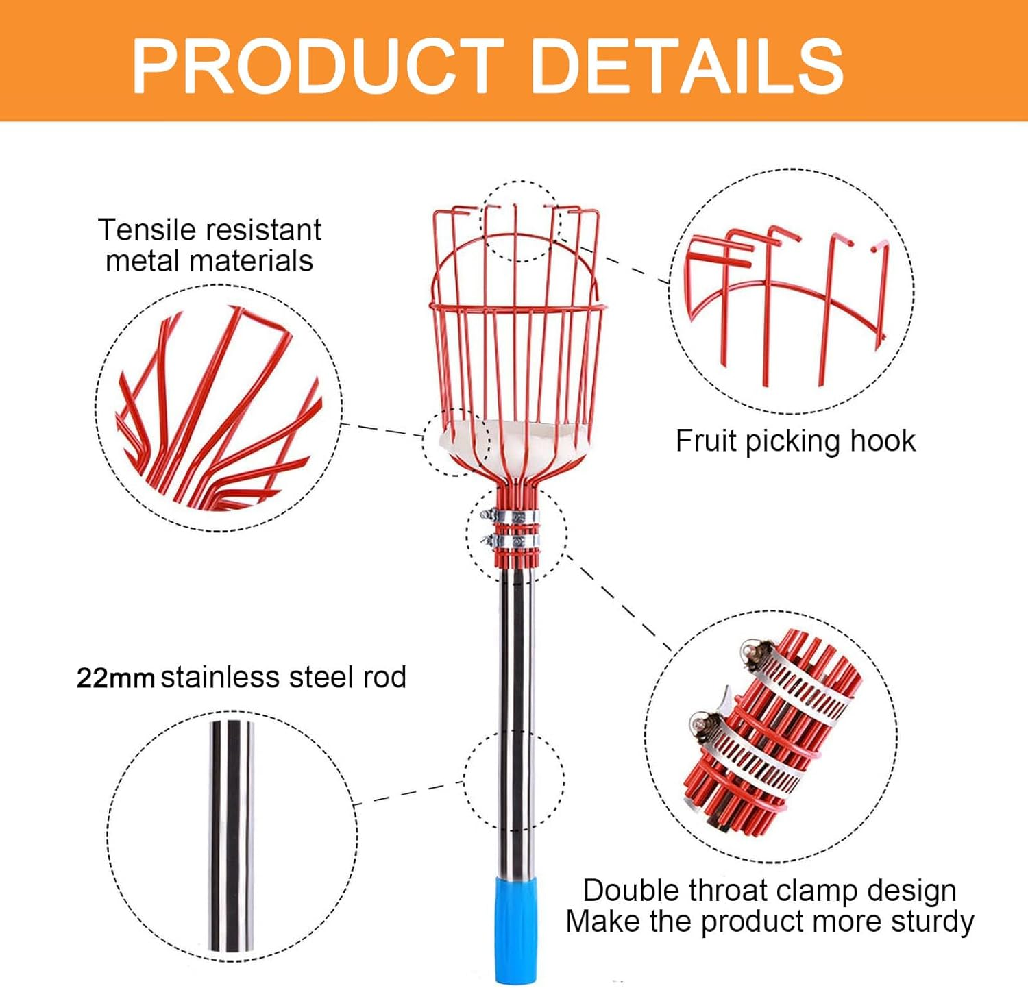 Fruit Picker Tool, 2.4M 8Ft Height Adjustable Fruit Picker Pole Tool with Baskets, Light-Weight Stainless Steel Fruit Picking Equipment for Apples Oranges Tangerines Pears Mangoes Avocados image number 2