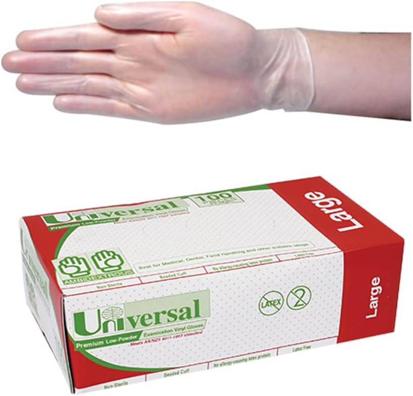 Universal Vinyl Gloves Low Powder Clear Large 100/Box