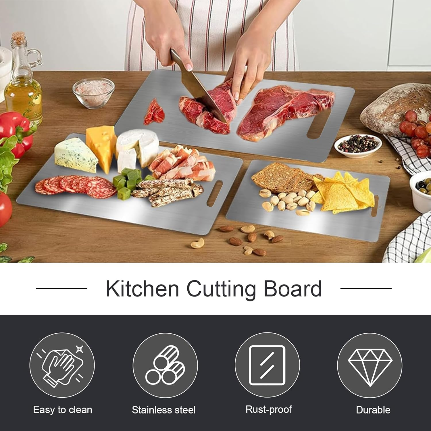 Spardar 2 Pieces Kitchen Chopping Boards, Kitchen Chopping Board Set with Stand, for Cutting Fruits, Vegetables, Meat and Seafood, with Sink, Kitchen Cutting Mat image number 1