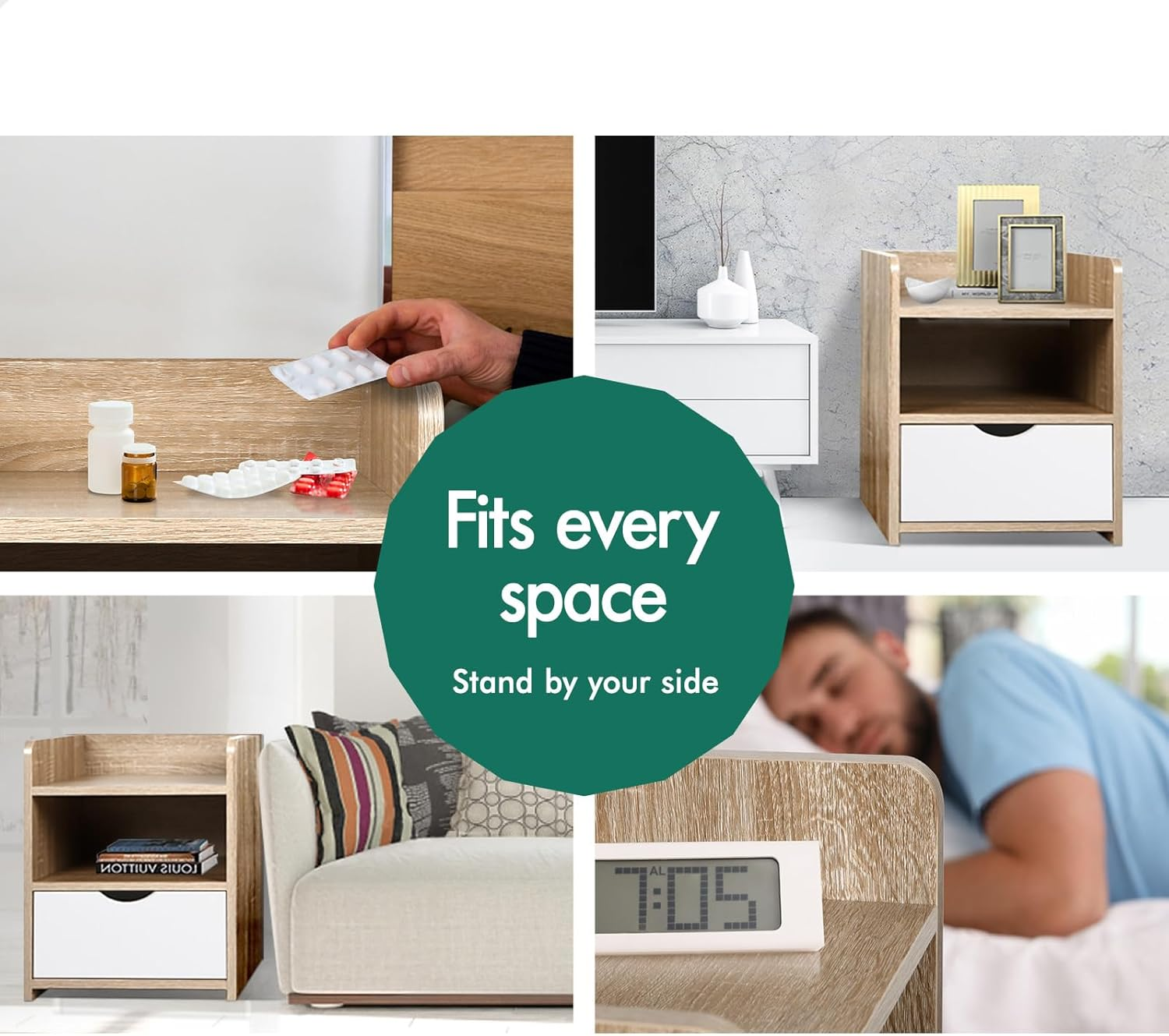 ALFORDSON Hamptons Bedside Table, 37.5Wx 34Dx 45Hcm, Bedroom Nightstand Cabinet, Wooden Sofa Side Chest End Table with Ample Drawer, Open Shelf, Hallway, Living Room Storage Furniture, Wood White - 1 Drawer-Shelves-Black-Air Gap Handle image number 7