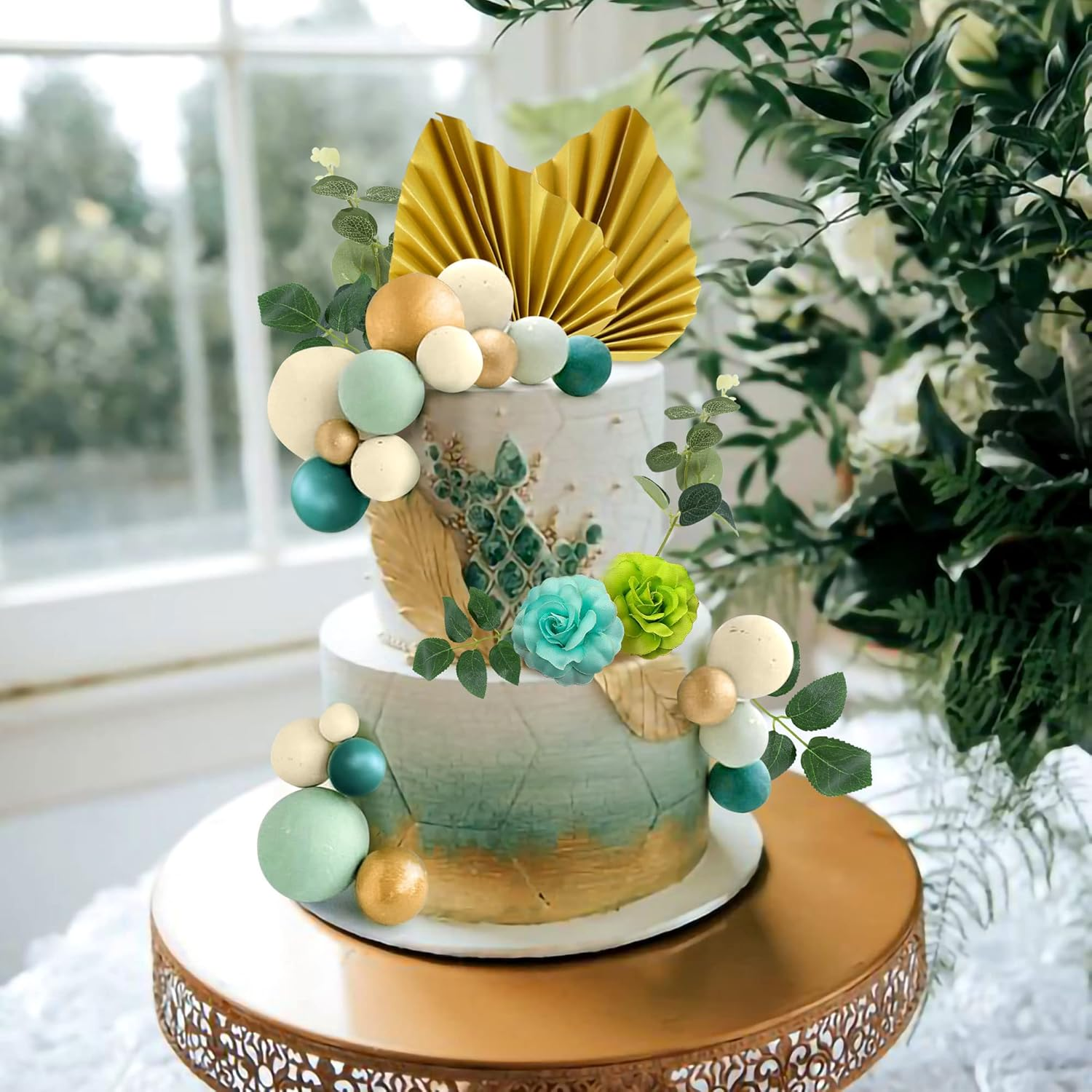 Jevenis Green Ball Cake Decoration Rose Cake Decoration Palm Leaves Cake Decoration Flower Cake Decorations Baby Shower Cake Decoration Wedding Cake Decoration - Green1 image number 6