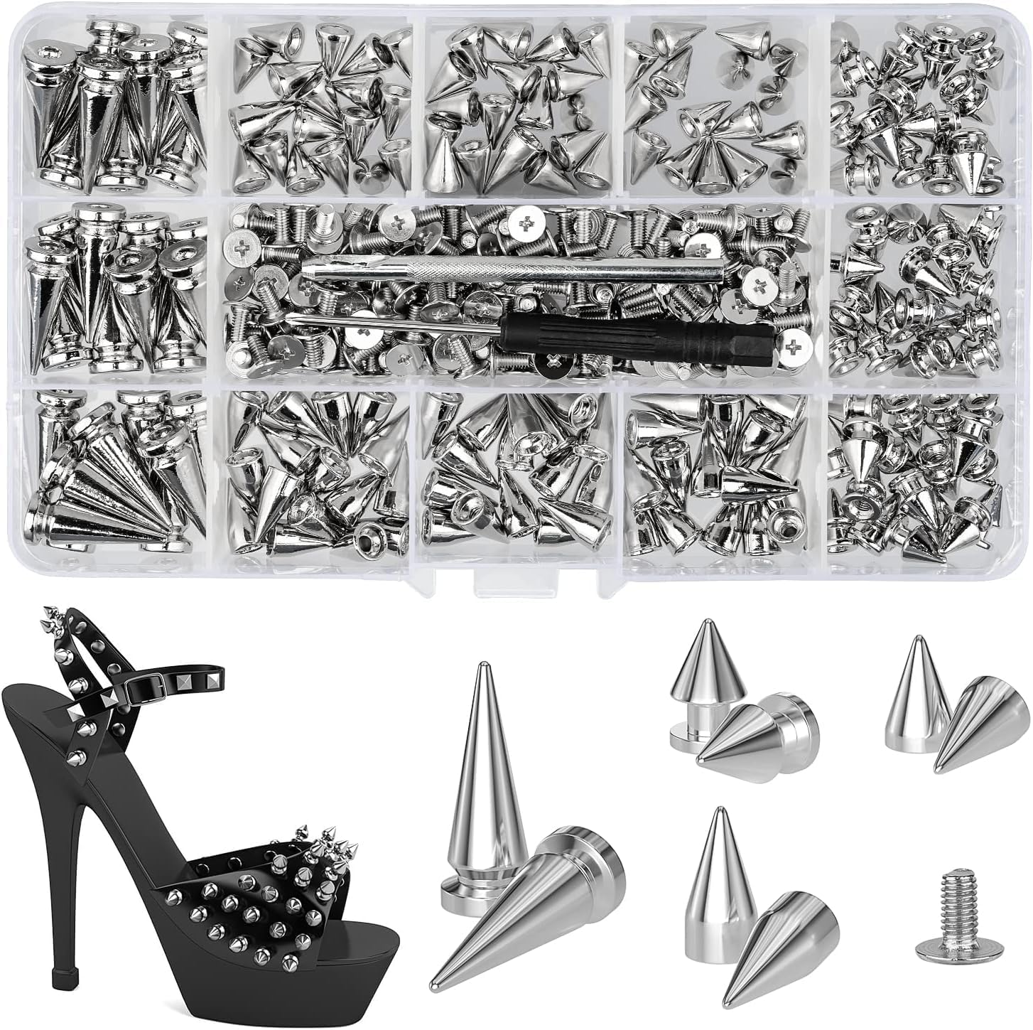 180 Sets Multiple Size Cone Spikes for Clothing Silver Color Screw, Studs and Spikes for DIY Leathercraft Decoration Punk Rock Style, Dog Collars Rivet for Leather Craft, Belts, Bags, Shoes (Silver) image number 3