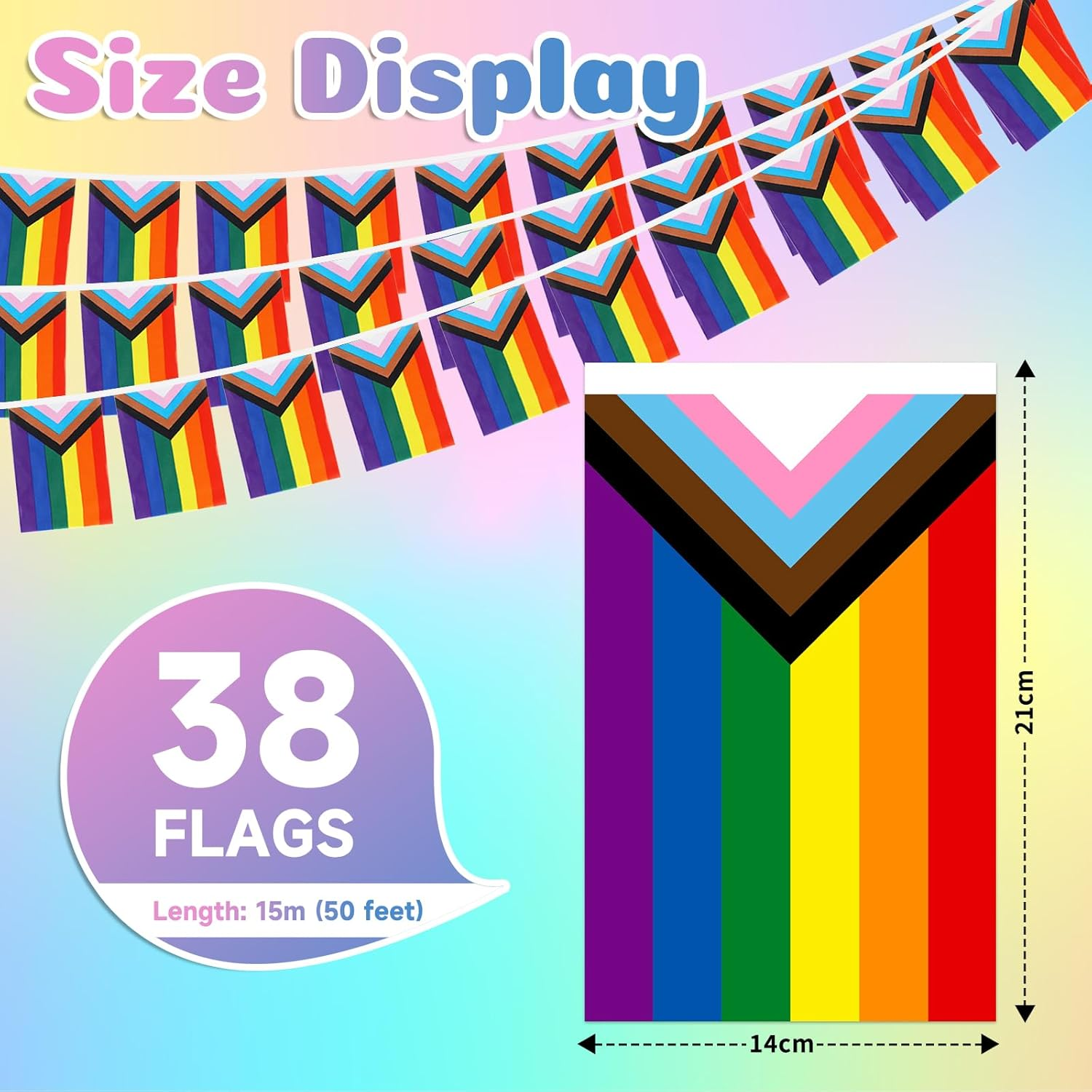 38Pcs/50Feet Progress Pride Flags Banner, LGBTQ Pride Rainbow Bunting with String for Garden Bar, Pride Banner Decorations for Outdoor Indoor Party Decoration Celebrating Month Events - Mixed Rainbow Flags X 1 image number 4