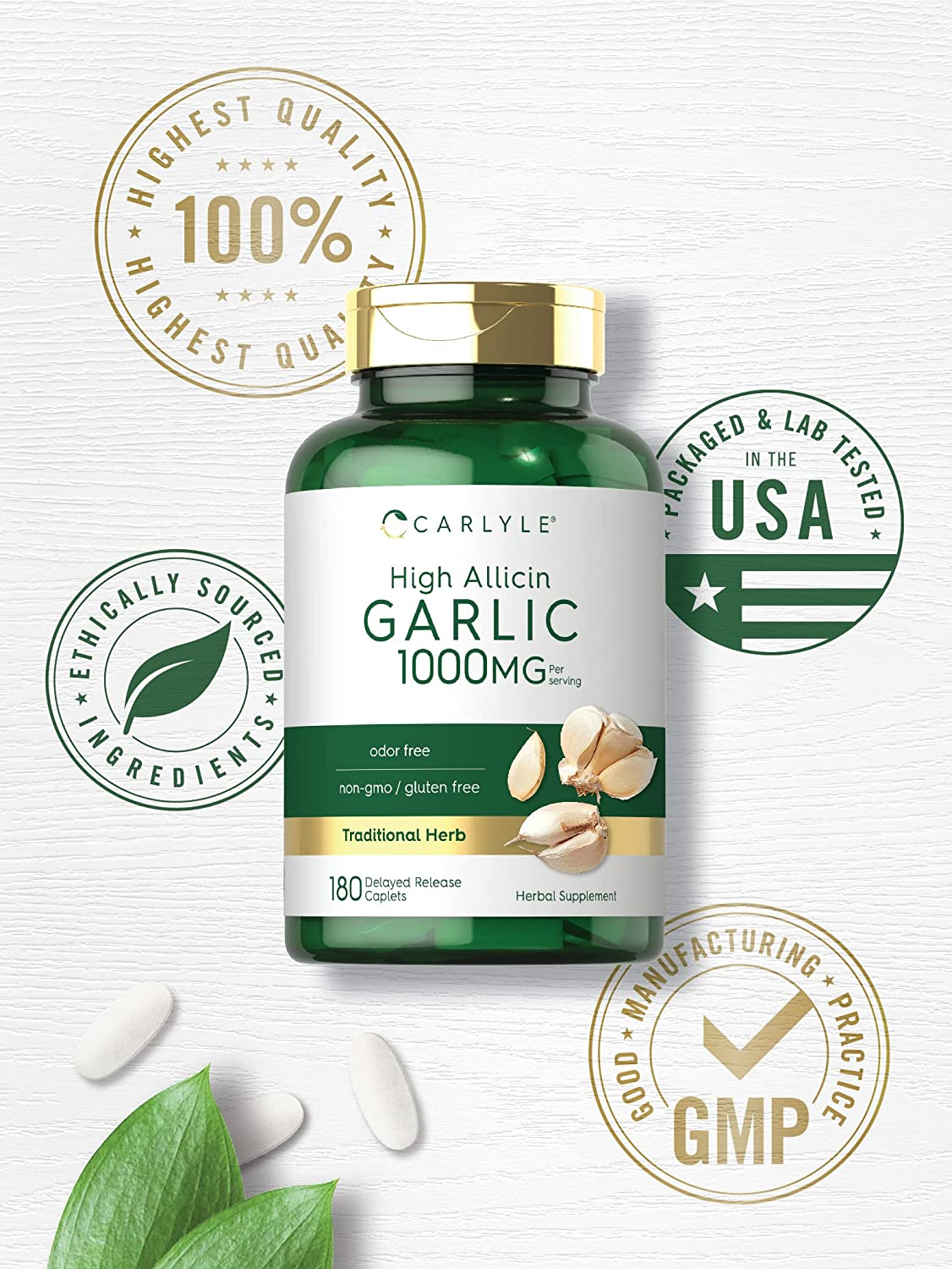 High Allicin Garlic Supplement 500Mg | 180 Caplets | Odorless Garlic Pills | Vegetarian, Non-Gmo, Gluten Free | by Carlyle image number 4