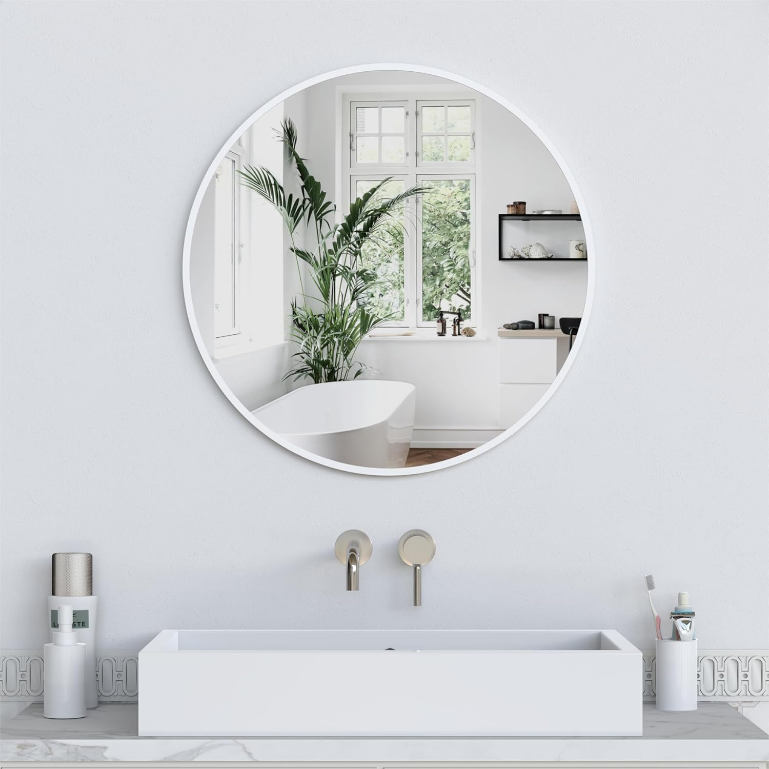 ANYHI round Wall Mirror, 50X50Cm Black round Mirror, Bathroom Mirror for Wall, Hanging Circle Mirror, Decorative round Wall Mirror, Wall Mounted Mirror for Bathroom, Bedroom, Entryways, Living Room