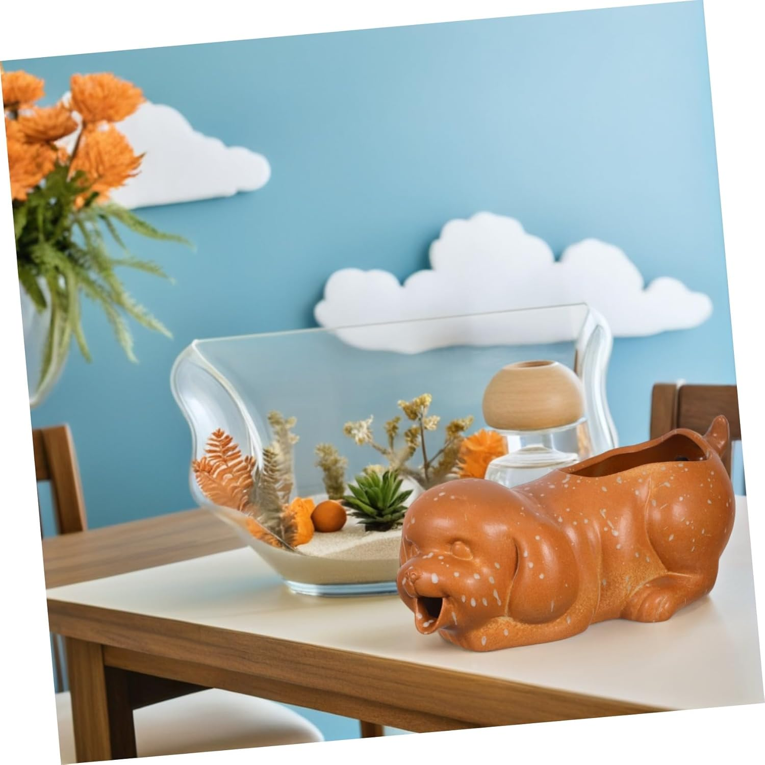 TEHAUX Ceramic Tabletop Fountain Spitter Dog Shape with Planter Indoor Outdoor Fish Tank Aquarium Decor Circulating Waterfall Jar for Greenery Cultivation and Interactive Water Feature - Khaki image number 5