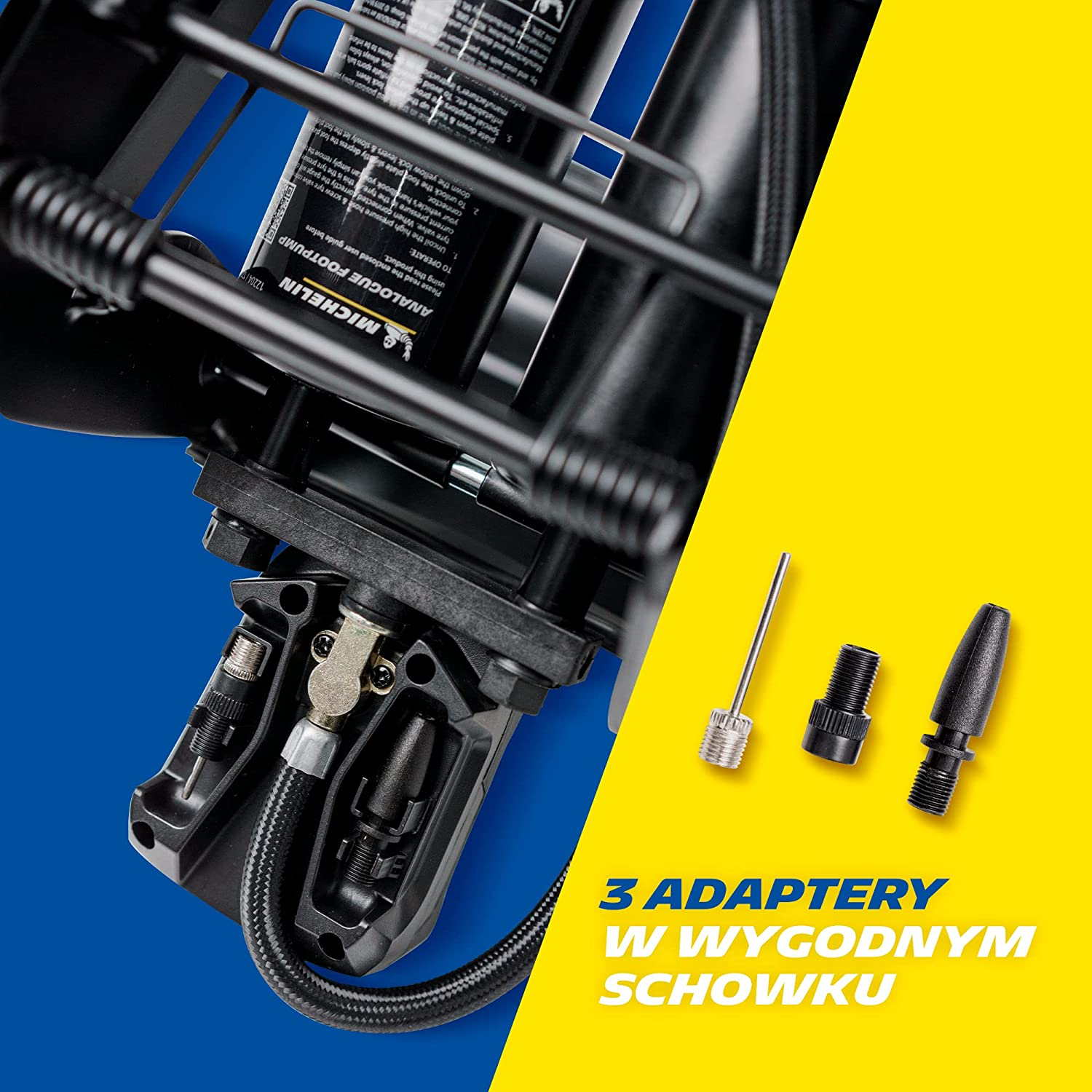 MICHELIN Single Barrel Analogue Tyre Foot Pump with Gauge Accuracy up to +/- 1 PSI, Dual Display PSI and BAR & Snap-In Adaptor Storage (12204), Black image number 4