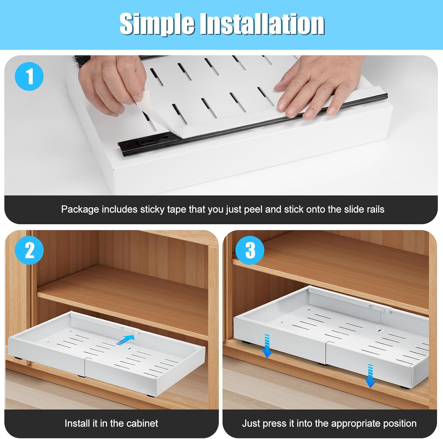 2 Pack Pull Out Drawers for Cabinets - Adjustable Expandable Organizer with Adhesive Film Fixing Screw, Slide Out Drawers Shelves Width 31-52Cm, Ideal for Pantry Storage Kitchen Organisation Bathroom image number 3