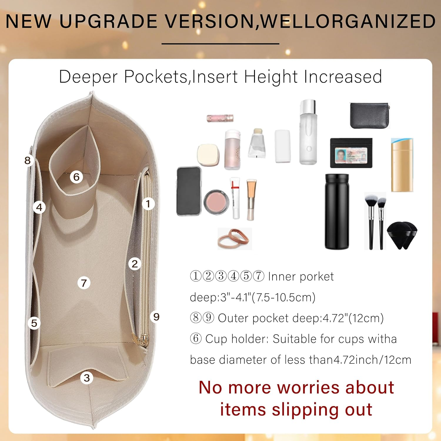 Oaikor Premium Felt Purse Organizer Insert for Longchamp Le Pliage S Handbag,Zipper Small Handbag Organizer with Cup Holder,Bags Storage Divider with 8 Upgraded Deepened Compartments,S/Beige image number 5