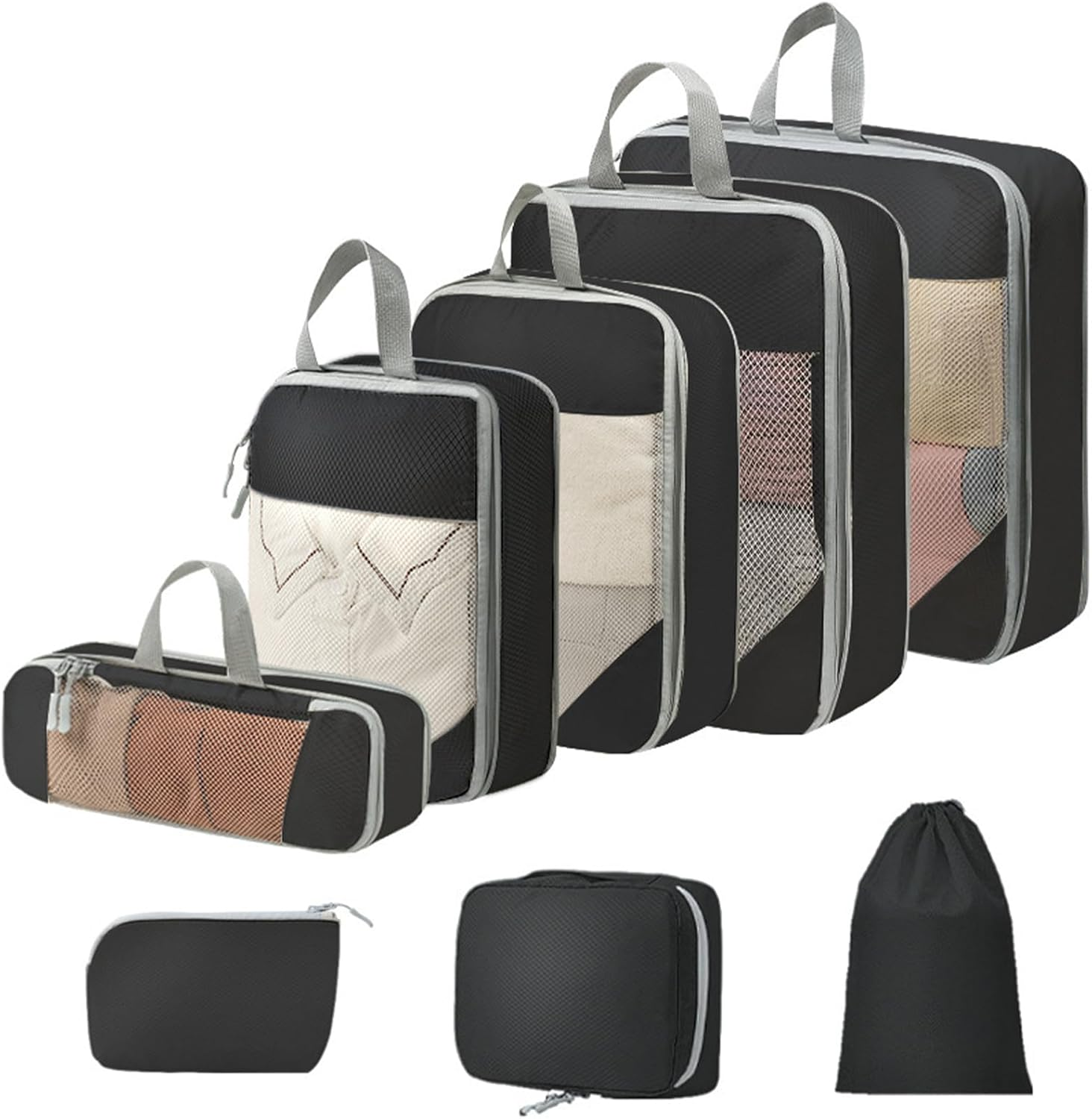 JOZUTTOW Nylon Compression Packing Cubes, Set of 8 Travel Organizer Bags with Recompression Design, Water-Repellent Fabric, Mesh Design, Zipper Closure, Beige