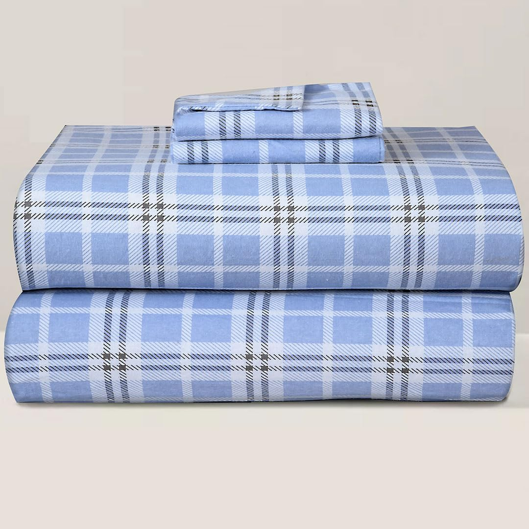 Briarwood Home&reg; Printed Flannel Sheet Set, 100% Organic Cotton, Six-Fold Brushed, Super Soft, Warm, Deep Pocket Bedding with Nanotech Infuse for Enhanced Lasting Strength (Blue Plaid, Queen)