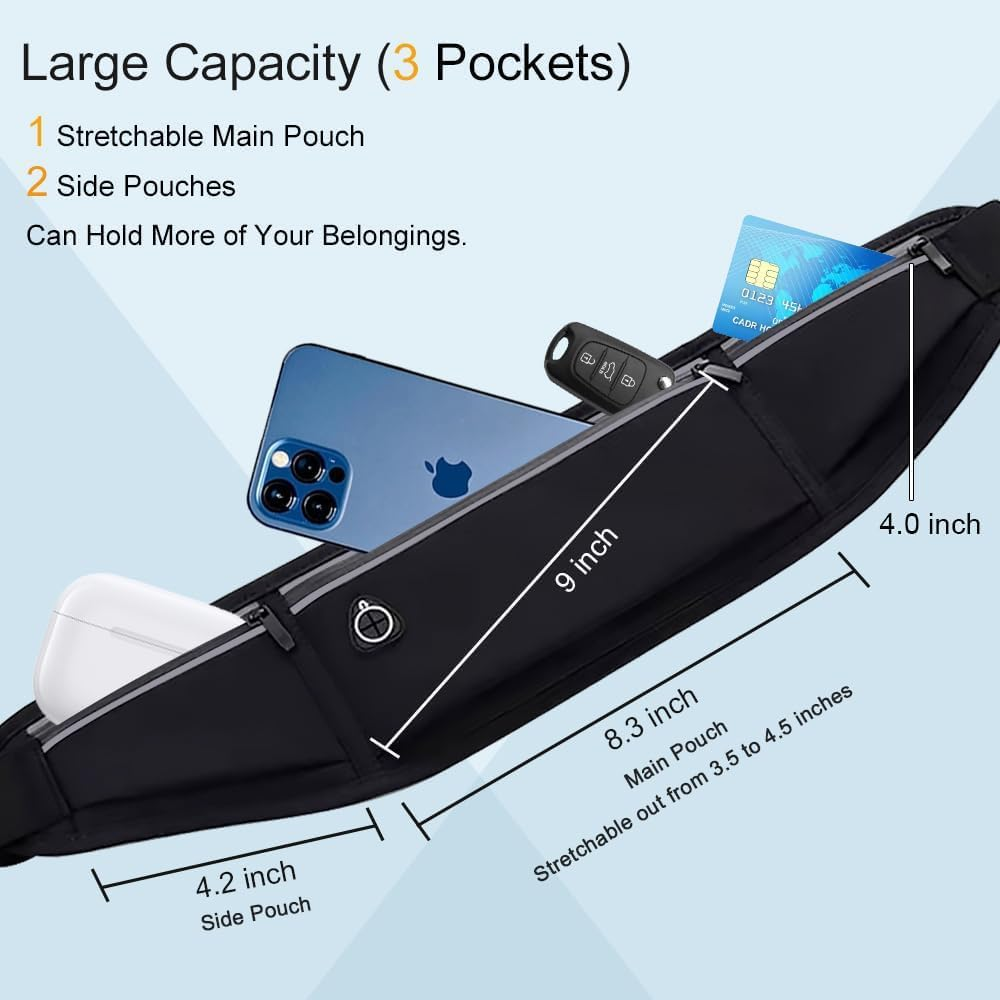 Slim Running Belt Fanny Packs for Women & Men, 3 Pockets Adjustable Reflective Waist Pack Runners Bag Money Belt Phone Holder for Running Sports Hiking Traveling (Black) - Black image number 1