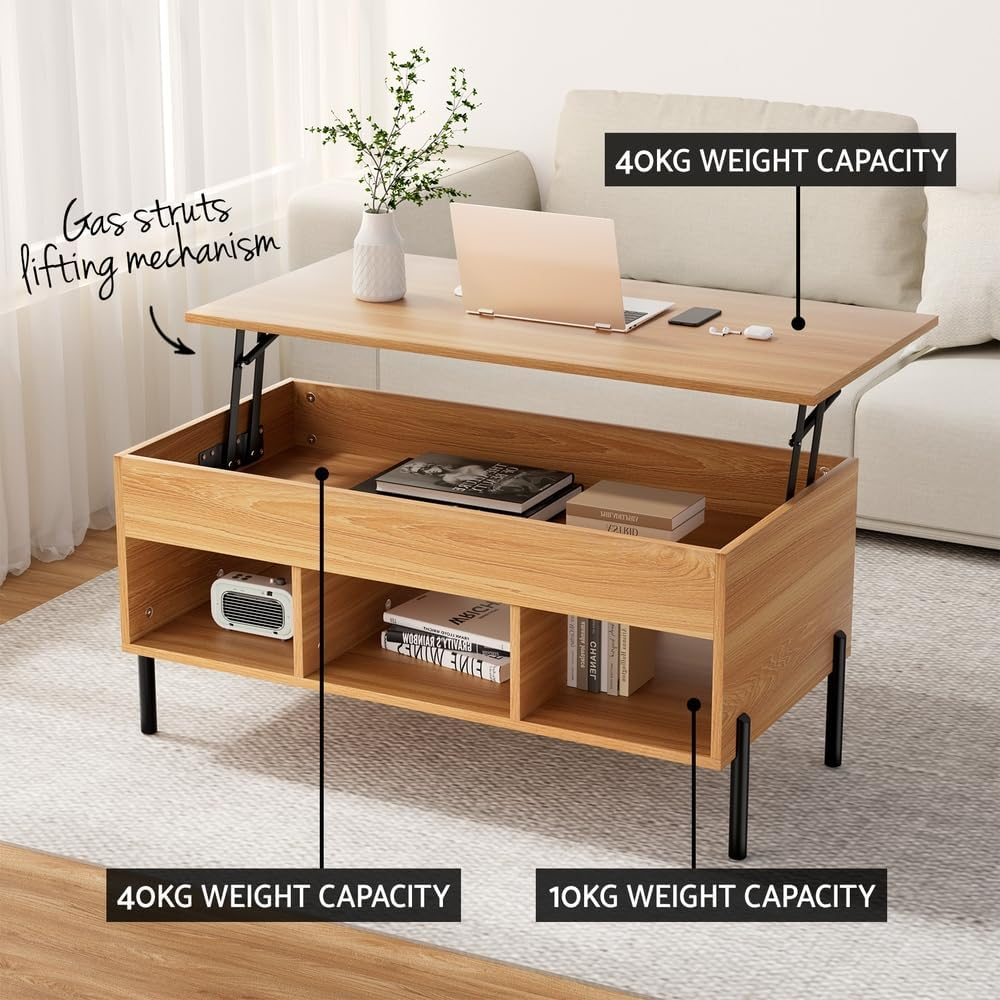 Artiss Lift Top Coffee Table with Storage, Wooden Convertible Oak Lift up Coffee Tables Hidden Compartment Furniture with Display Shelf, for Home Living Room Lounge Room image number 5