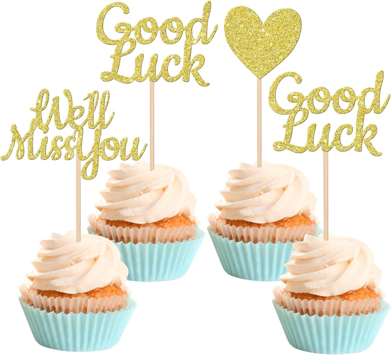 24 Pack We Will Miss You Cupcake Toppers Glitter Red Love Heart Good Luck Cupcake Picks Retirement Theme Going Away Party Cake Decorations (Gold) image number 5