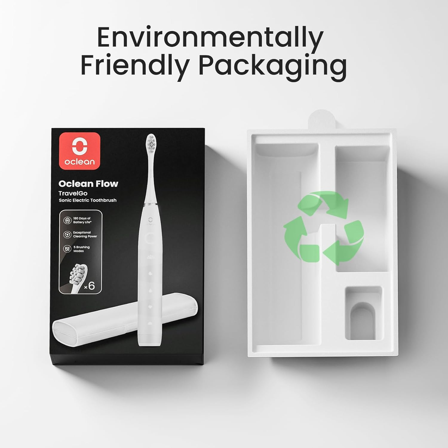 Oclean Flow Travelgo Sonic Electric Toothbrush &ndash; 180-Day Battery, 5 Modes, 6 Dupont Heads, Timer, Pressure Sensor, IPX7 Waterproof &ndash; Oral Hygiene - White