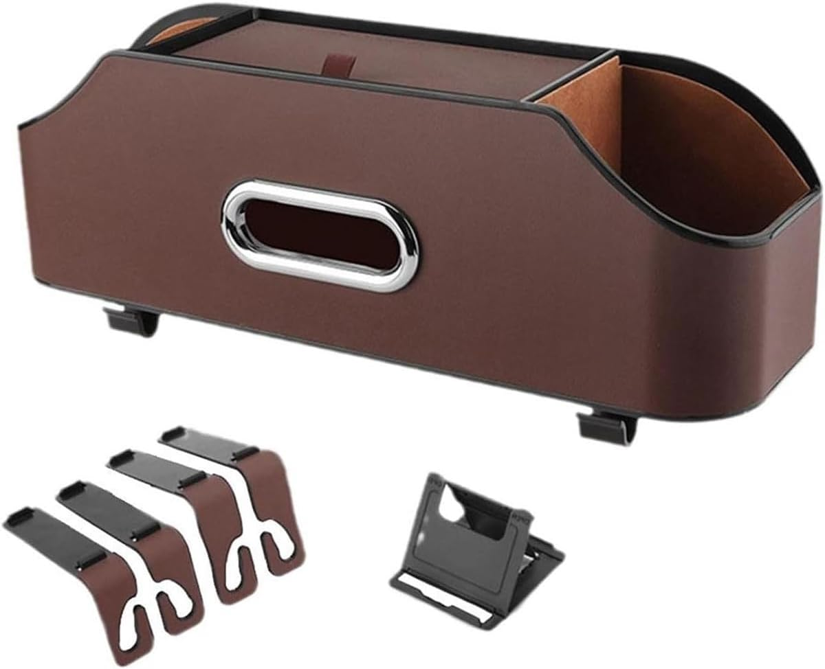 AIMALL Car Backseat Leather Storage Organizer Box with Cup Holder, Adjustable Hanging Seat Back Pocket for SUV Sedan Truck, 12.8X4.5X3.3In &ndash; Black/Beige/Brown