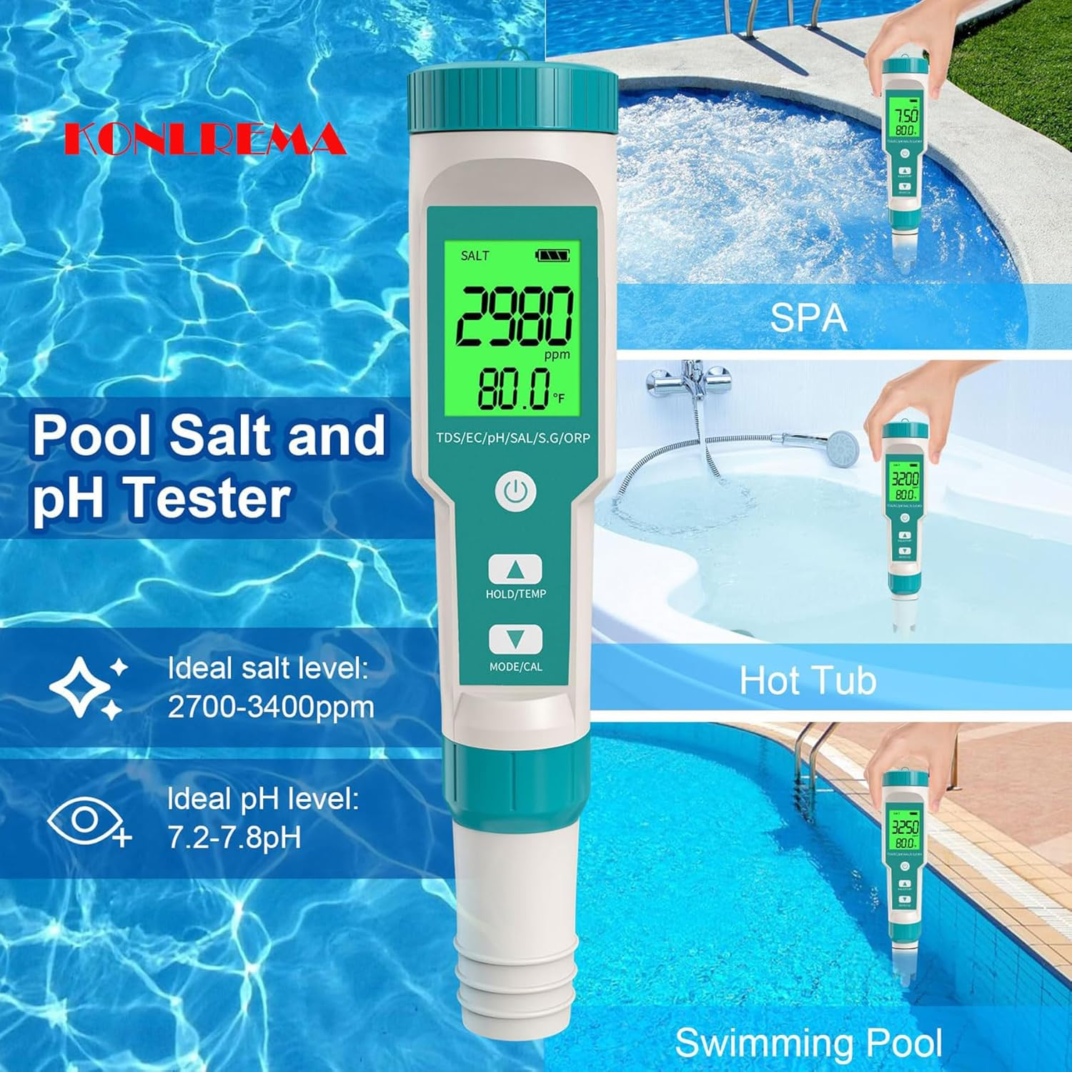 Ph Meter, 7 In-1 Ph/Tds/Ec/Orp/S.G/Salinity/Temp Meter, Digital Ph Tester with LCD Backlight Waterproof High Accuracy for Drinking Water, Hydroponics, Spas, Swimming Pool and Aquarium image number 4