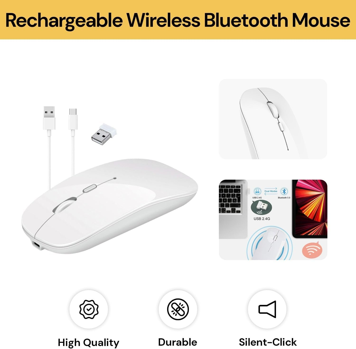 EZONEDEAL 2.4Ghz Wireless Bluetooth Mouse, Dual Mode Slim Rechargeable Wireless Mouse Silent USB Mice, 3 Adjustable DPI, Compatible for Laptop Windows Mcbook Android PC Computer (White) image number 2