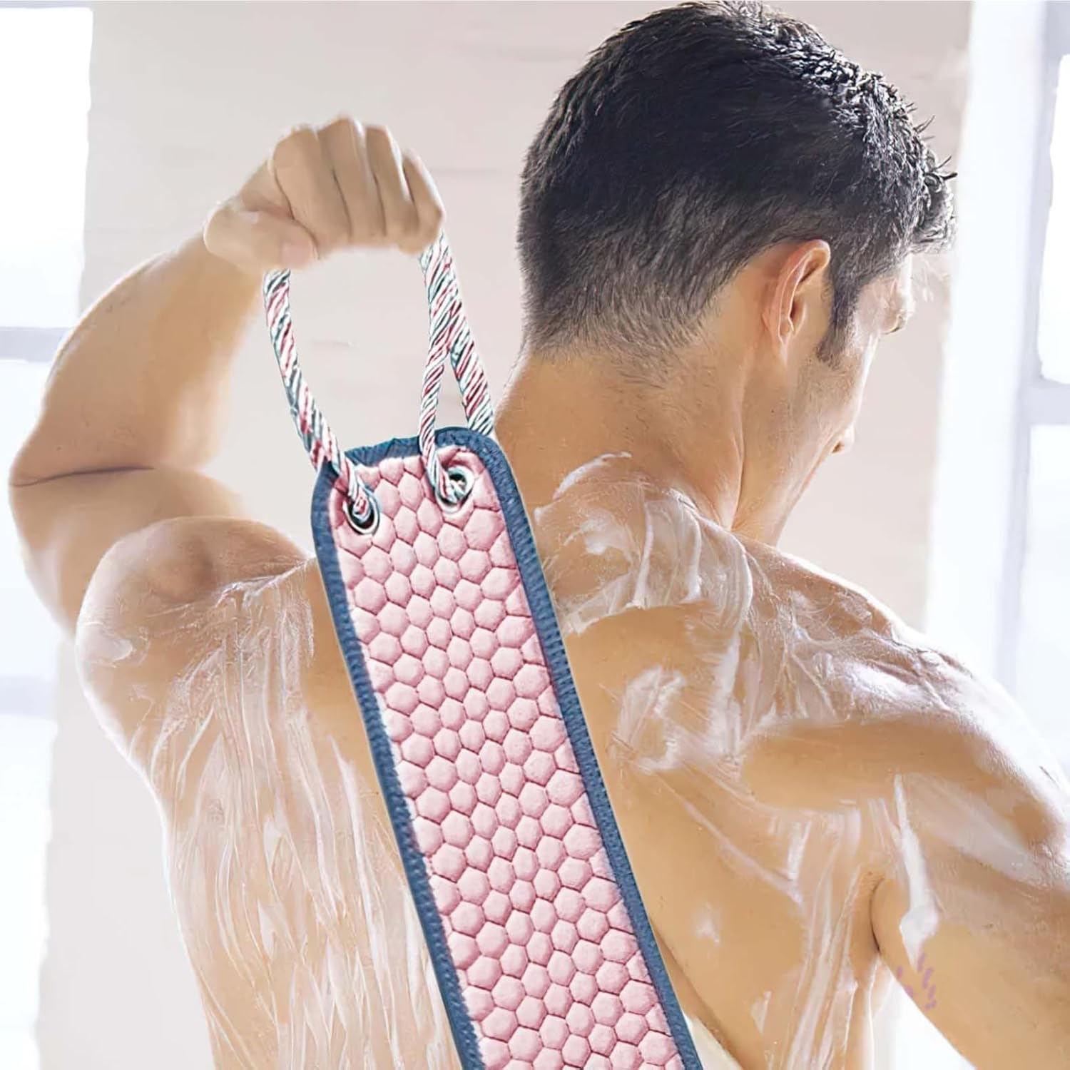 Exfoliating Back Scrubber for Shower, 37 Inches Back Washer with Handles, Exfoliating Washcloth Body Exfoliator Bath Tool to Scrub Your Body Deeply for Men & Women Exfoliation (Pink) image number 5