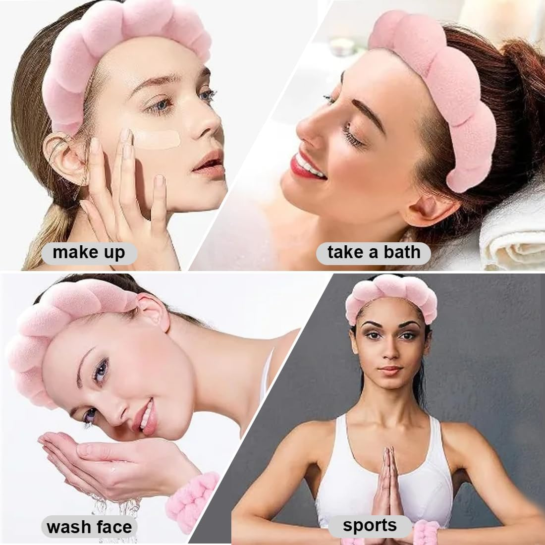 Spa Headband Women'S Make up Hair Band Washing Face Wristband Set Make-Up Hair Band Sponge Headband for Spa Make-Up Face Washing Showers Sports Skin Care image number 1