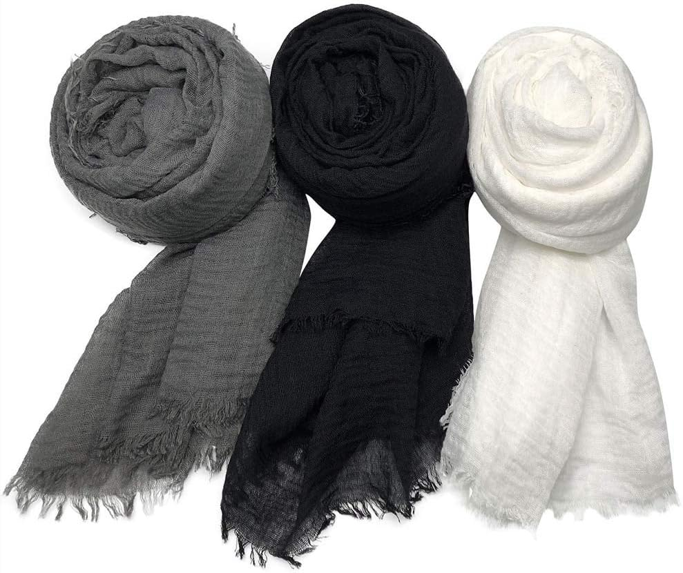 XRDSS Summer Cotton Blend Crinkle Vintage Soft Scarf with Fringed Edges 35" &times; 70" - Black/Gray/Brown image number 4