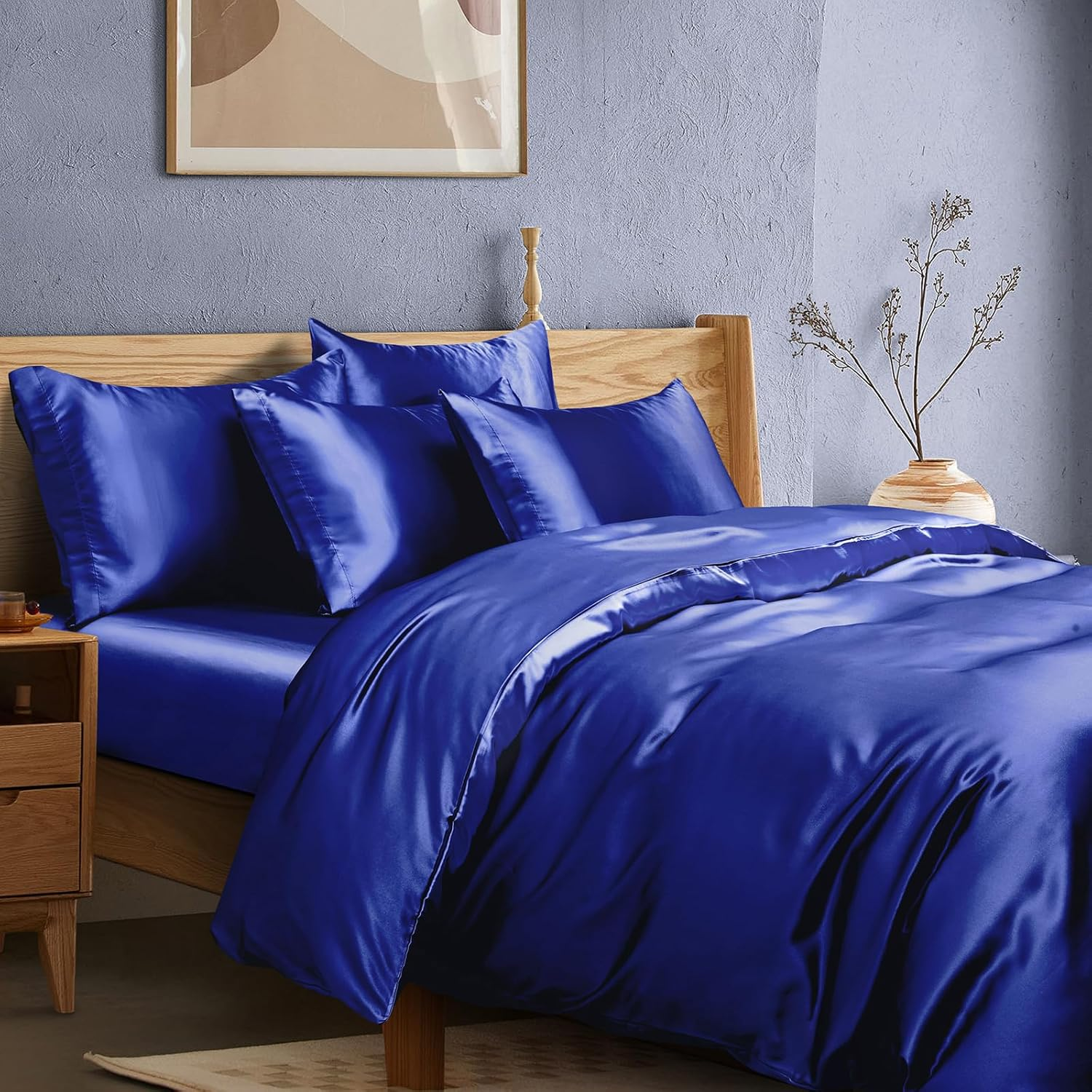 Manyshofu Royal Blue Satin Duvet Cover Set, Queen Size - 6Pc Bed Linen Set with Fitted Sheet & 4 Pillowcases image number 1