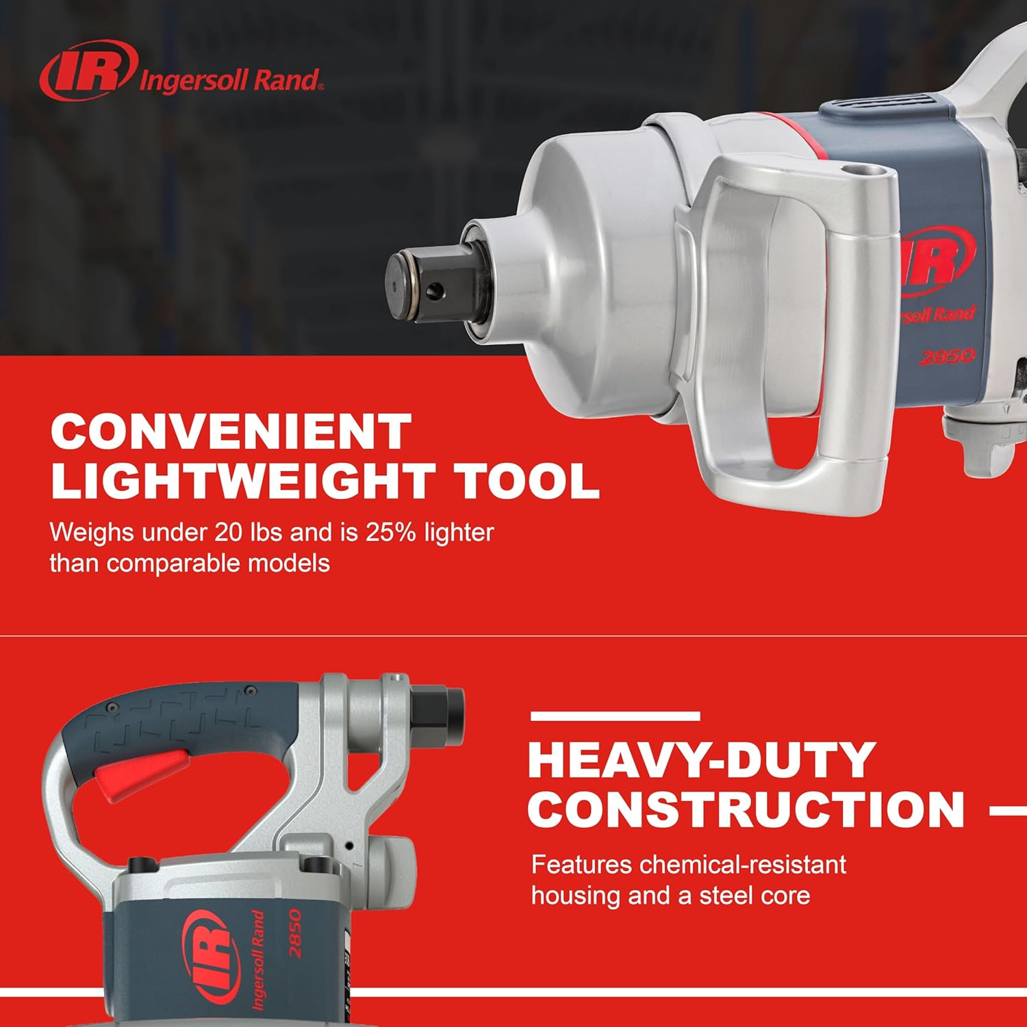 Ingersoll Rand 2850MAX 1&rdquo; Drive Air Impact Wrench, Powerful Vehicle Repair Torque Output up to 2,100 Ft/Lbs, Lightweight, D Handle, Steel Core, Gray image number 4