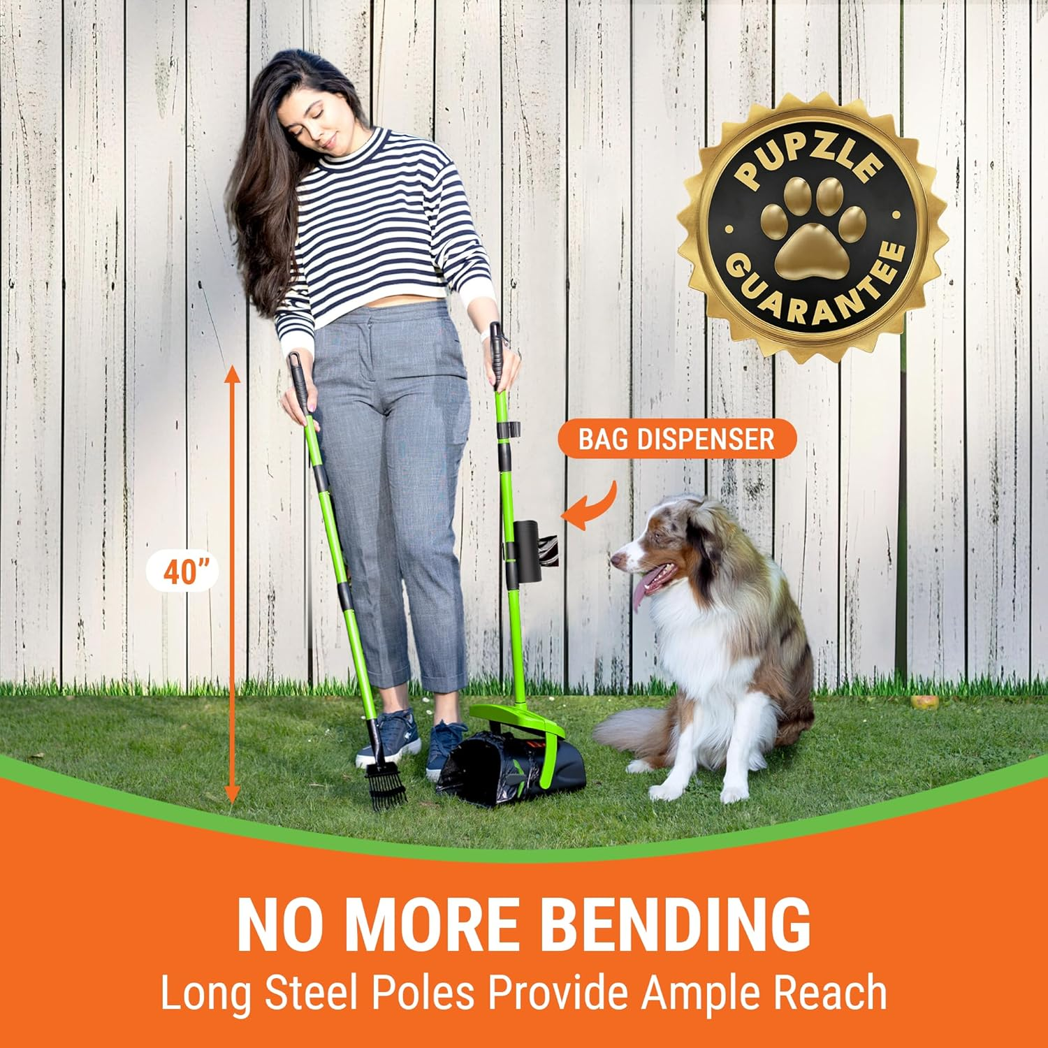 Pupzle Dog Pooper Scooper with Bag Attachment, 39" Adjustable Long Handle Heavy Duty Metal Poop Scoop for Yard, Non-Breakable Swivel Bin and Rake, 25 Waste Bags for Large Dog, Poop Scooper for Dogs image number 3