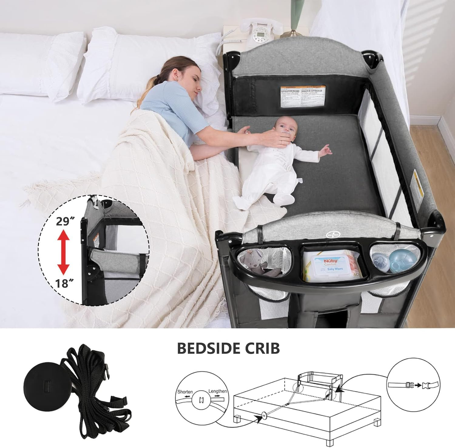 Portable Baby Crib, Foldable Baby Portacot, 4 in 1 Portable Nursery Cente, Foldable Travel Playard with Changing Table, Bassinet, Soft Mattress, Hanging Toys and Carry Bag image number 6