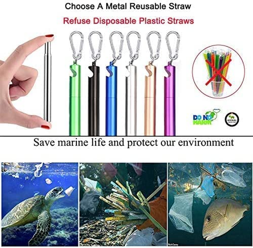 2 Pack Collapsible Telescopic Reusable Straw, Beer Opener Function Foldable Metal Straw Stainless Steel Drinking Straws with Case & Key Chain & Cleaner Brush image number 1