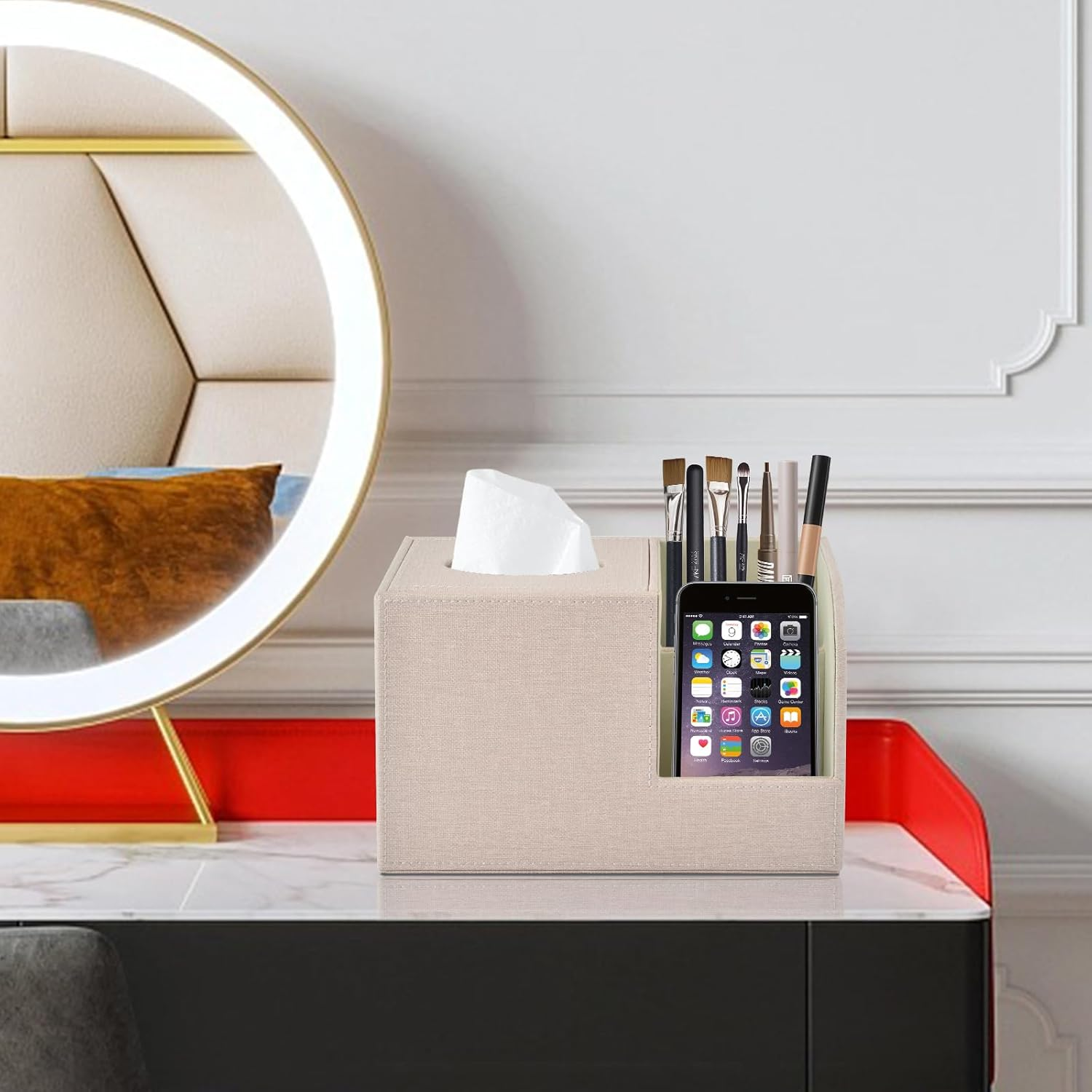 XNONE PU Leather Square Tissue Box Cover,Multifunctional Tissue Box Holder,Tissue Box with Storage,Tissue and Remote Control Holder,Tissue Box Decorative Desk Organizer for Home&Office,Beige - Black image number 7