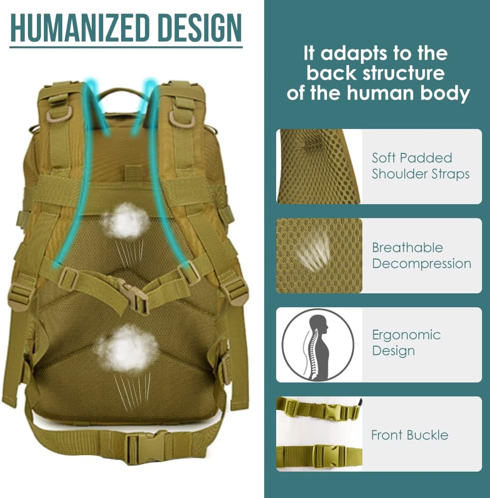 WOTOW Tactical MOLLE Military Bag for Men Women, Day Pack Ruskack Survival Emergency Army Combat Bug-Out Bag Backpack Kit with a Water Bottle Bag, 4 Carabiners and Magic Tapes image number 6