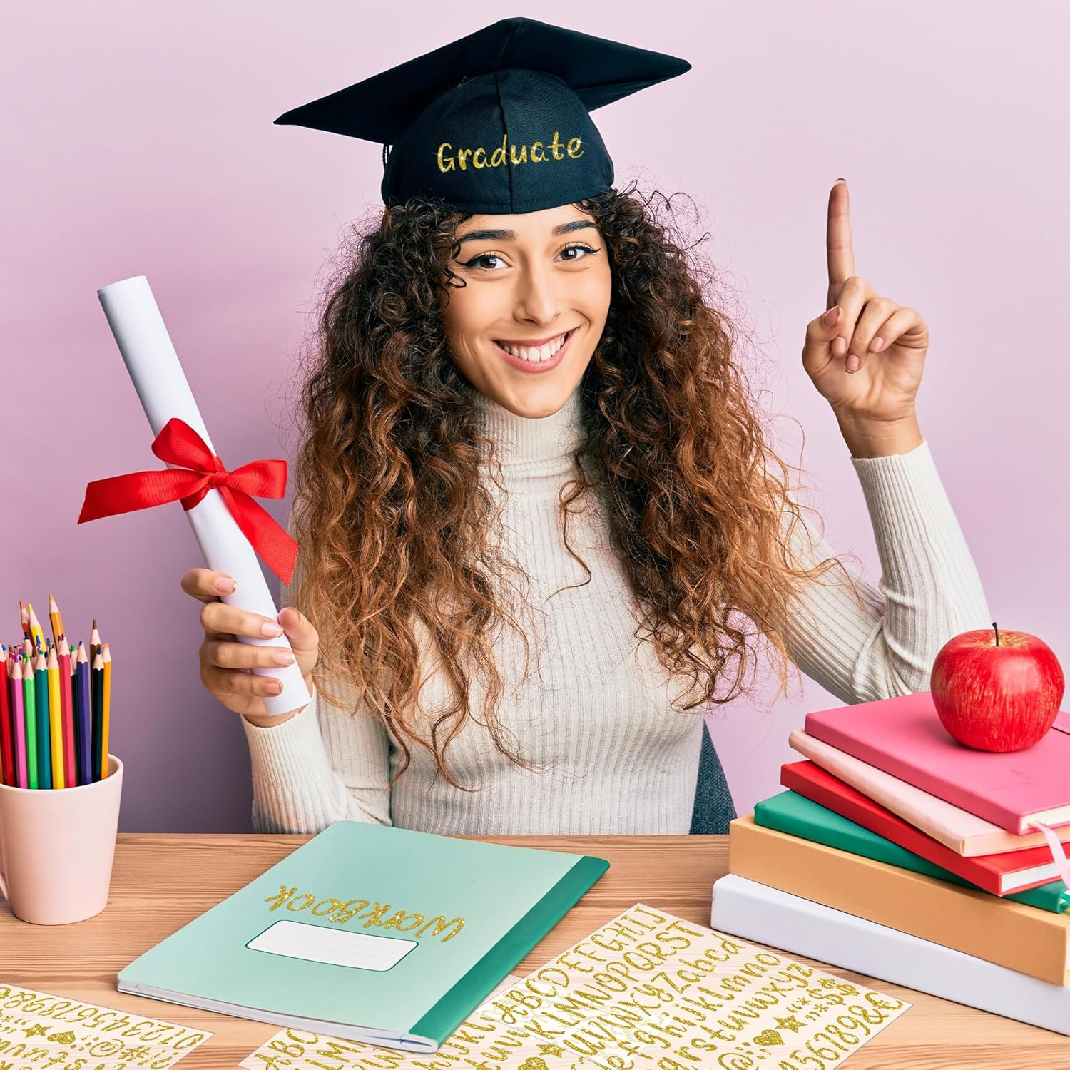 648Pcs Letter Stickers 8 Sheets Alphabet Stickers, 1 Inch Vinyl, Glitter, Self-Adhesive, Waterproof ABC, Number, Graduation Cap, Water Bottles, Scrapbook Crafts (8, Gold) - Black image number 6