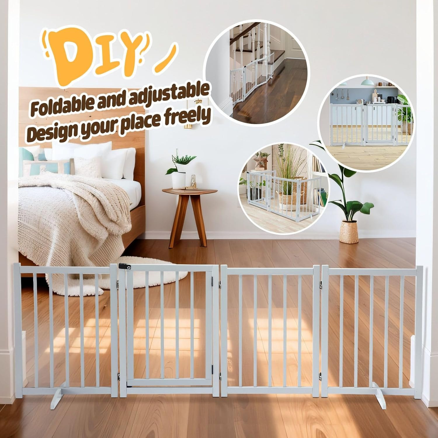 4 Panels Freestanding Wooden Pet Safety Gate,Foldable Puppy Dog Fence Safety Guard,Indoor Pet Playpen Pet Barrier Protection Net Stair Partition,Grey image number 1