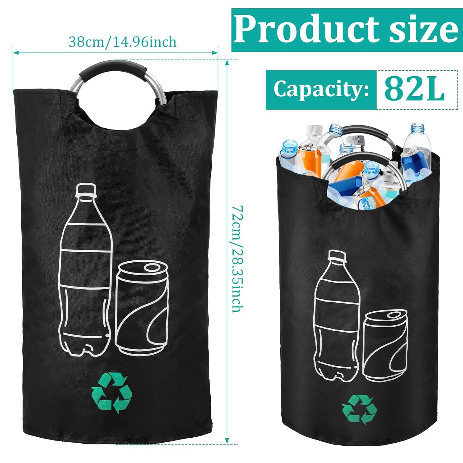 Recycling Waste Bin Reusable Recycle Bin 82L Deposit Bottle Collection Container with Aluminum Handles Waterproof Foldable Deposit Bottle Storage for Kitchen Home Office Outdoor Use(Black-1-82L) - Black-2-82L image number 3