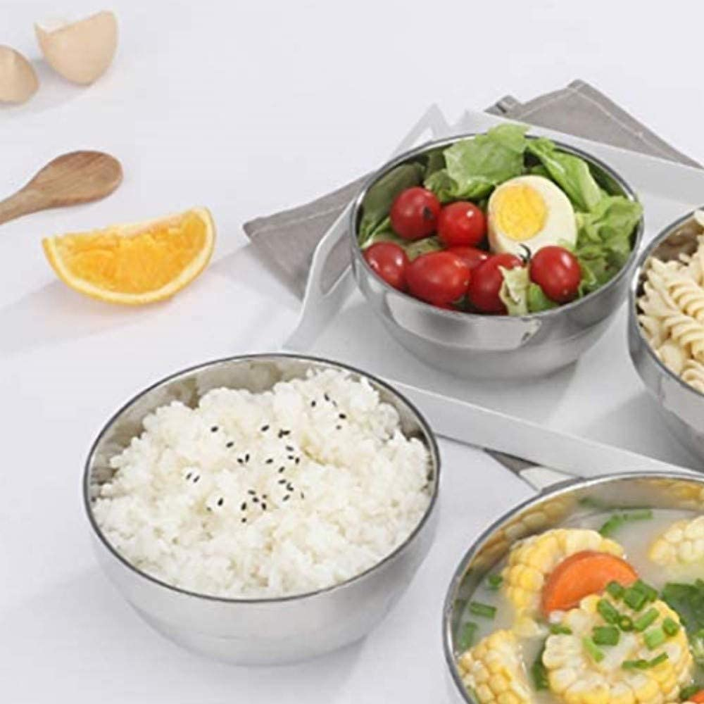 Qcfang Stainless Steel Mixing Bowls 4 Pack Heat Insulated Metal Bowls Set for Kids and Adults Double Walled Multipurpose Bowls for Cereal, Soup, Ice Cream, Rice, Noodles, Salad, Snacks (Round)