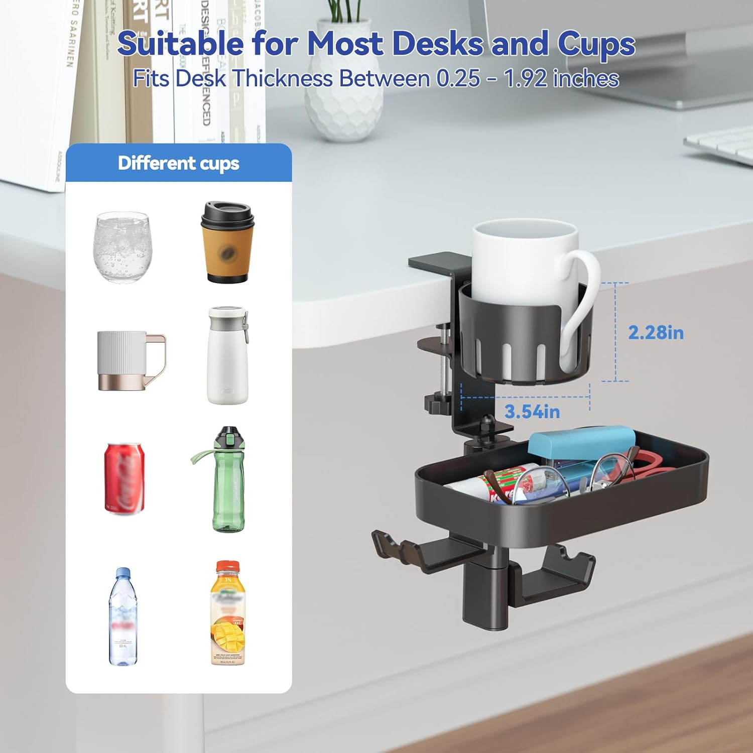 KDD Rotating under Desk Organizer with 2 Headphone Hook - Hidden Storage Drawer Tray with Cup Holder - No Drilling Sturdy Swivel C-Clamp Desktop Mount for Office School Home Game Room Accessories image number 2