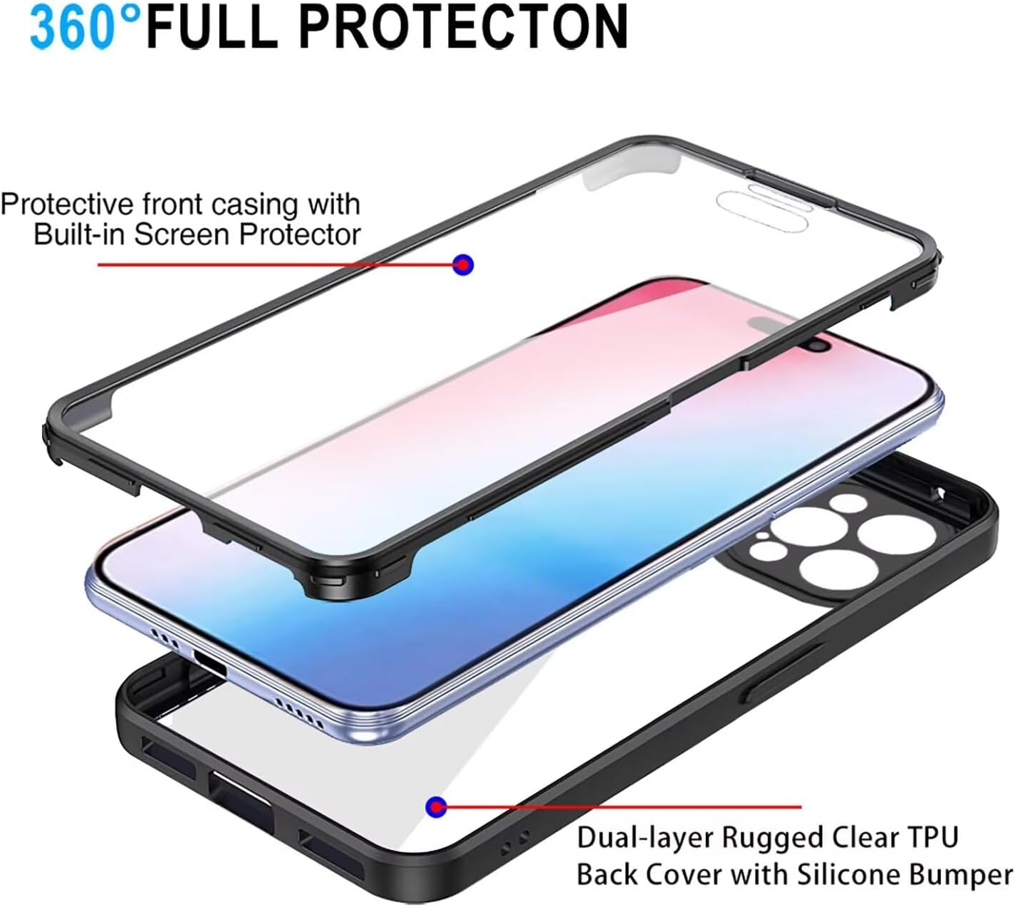 ILING Transparent Case for Oppo Reno 12 5G, 360 Degree Full Body Shockproof Protective Case with Built-In Screen Protector, Ultra Thin Hard PC Silicone TPU Mobile Phone Case (Black) - Blue image number 3