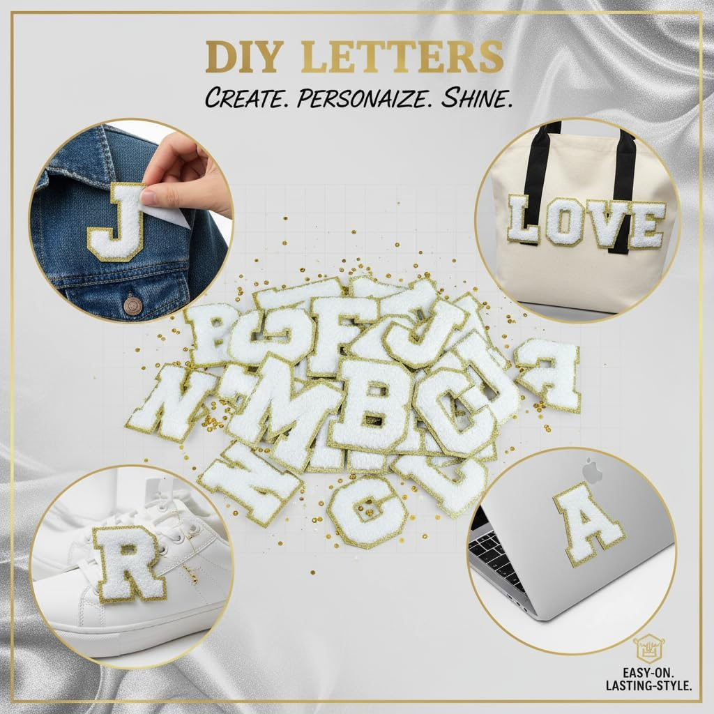 26Pcs Chenille Letter Patches A-Z for DIY Clothing, Fabric, Shoes, Bags &ndash; Self-Adhesive Decorative Iron-On Patches with Gold Trim, Premium Quality (White)&ndash; Ruibex image number 5