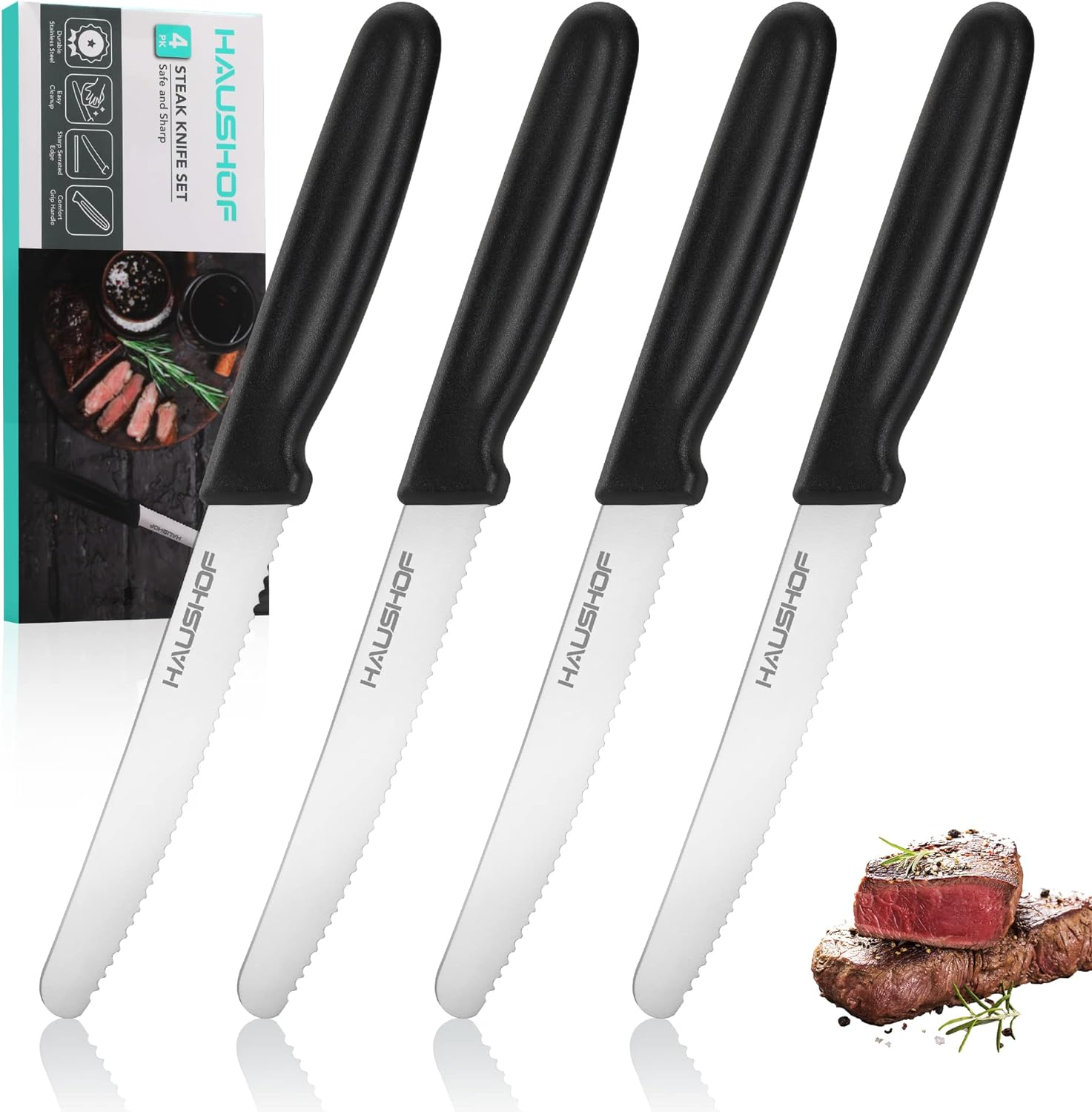 HAUSHOF Steak Knives Set of 4, Serrated Steak Knives, Premium Stainless Steel Steak Knife Set with Gift Box, Assorted Color