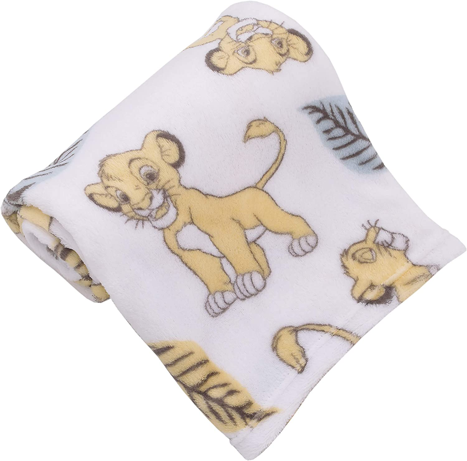 Disney Lion King Super Soft White, Yellow, Green Simba Leaves French Fiber Baby Blanket, White, Green, Yellow