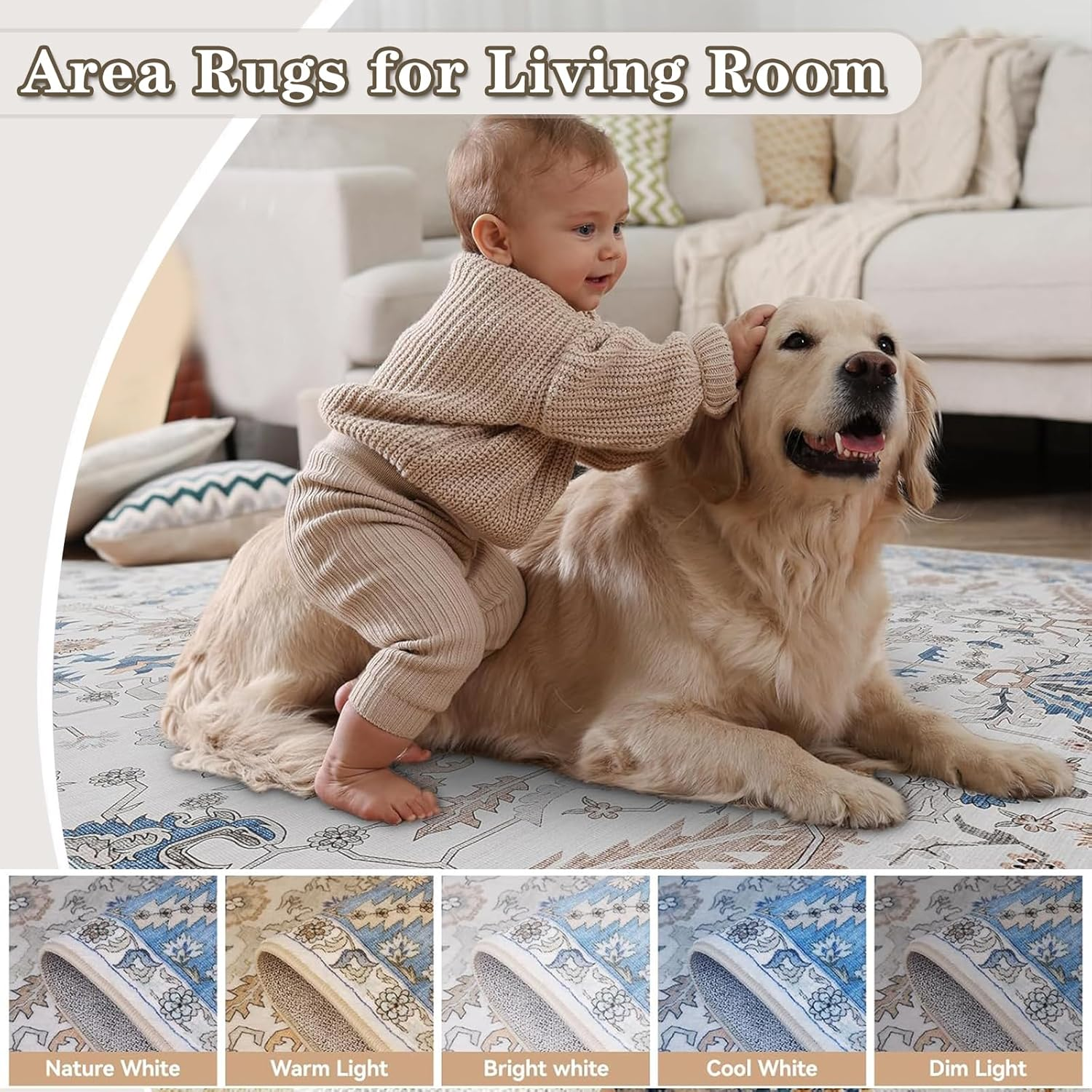 Large Area Rugs for Living Room, Boho Area Rugs, Indoor Vintage Large Area Rug, No Slip Thin Rugs Carpet for Bedroom Home Office Aesthetic Decor (Blue,160 X 230 CM)