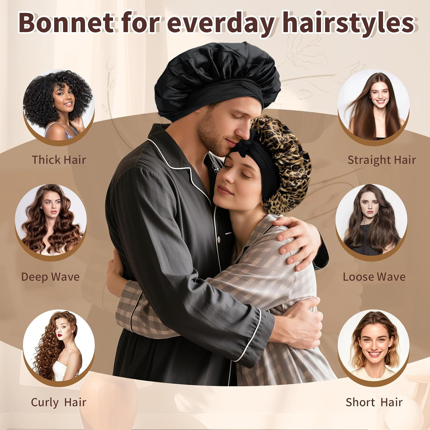 Novvia Silk-Like Satin Sleep Cap &ndash; Double-Layer Reversible Bonnet for Sleeping, Anti-Frizz Protection for Curly Hair, Smooth and Breathable Sleeping Cap for Night Use-Leopard Print+Black image number 1