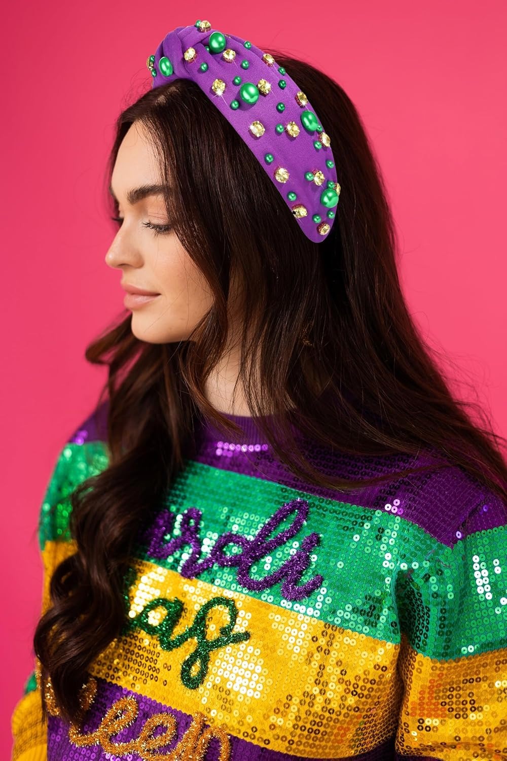 GLBCC Mardi Gras Hairband for Women Purple Pearl Rhinestone Knotted Headband Carnival Parade Party Hair Accessories image number 6