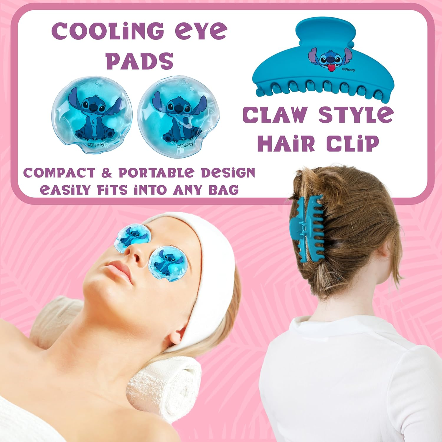 Disney Stitch Cooling Eye Mask & Beauty Accessories Set with Claw Clip Skincare Headband Cooling Eye Pads, Pampering Beauty Gifts for Women (Blue) image number 5